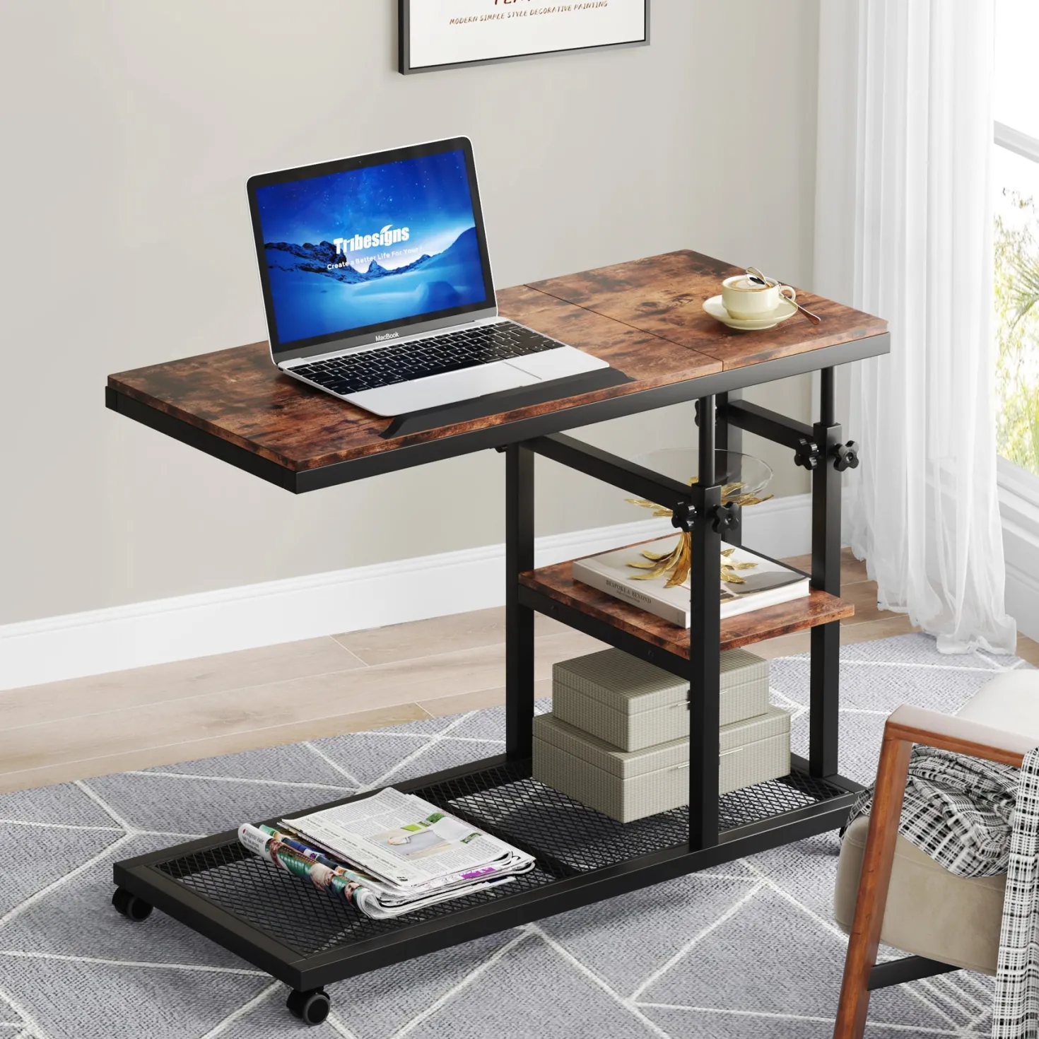 Mobile C Table, Height Adjustable Snack Tray Table with Wheels