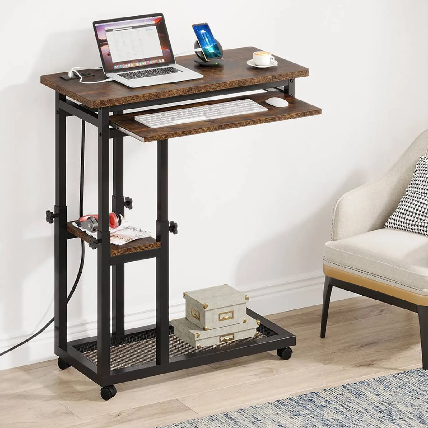 Mobile C Table, Portable Desk Side Table with Power Outlet