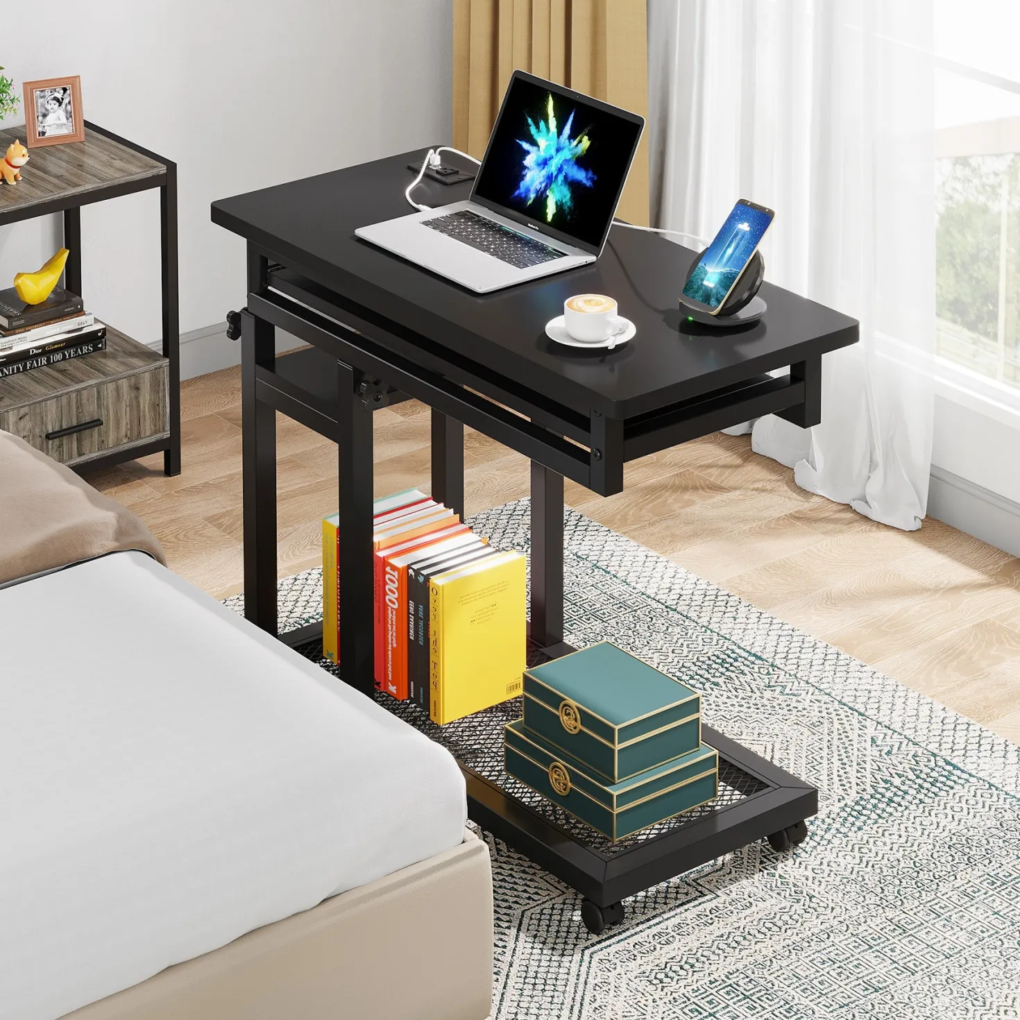 Mobile C Table, Portable Desk Side Table with Power Outlet