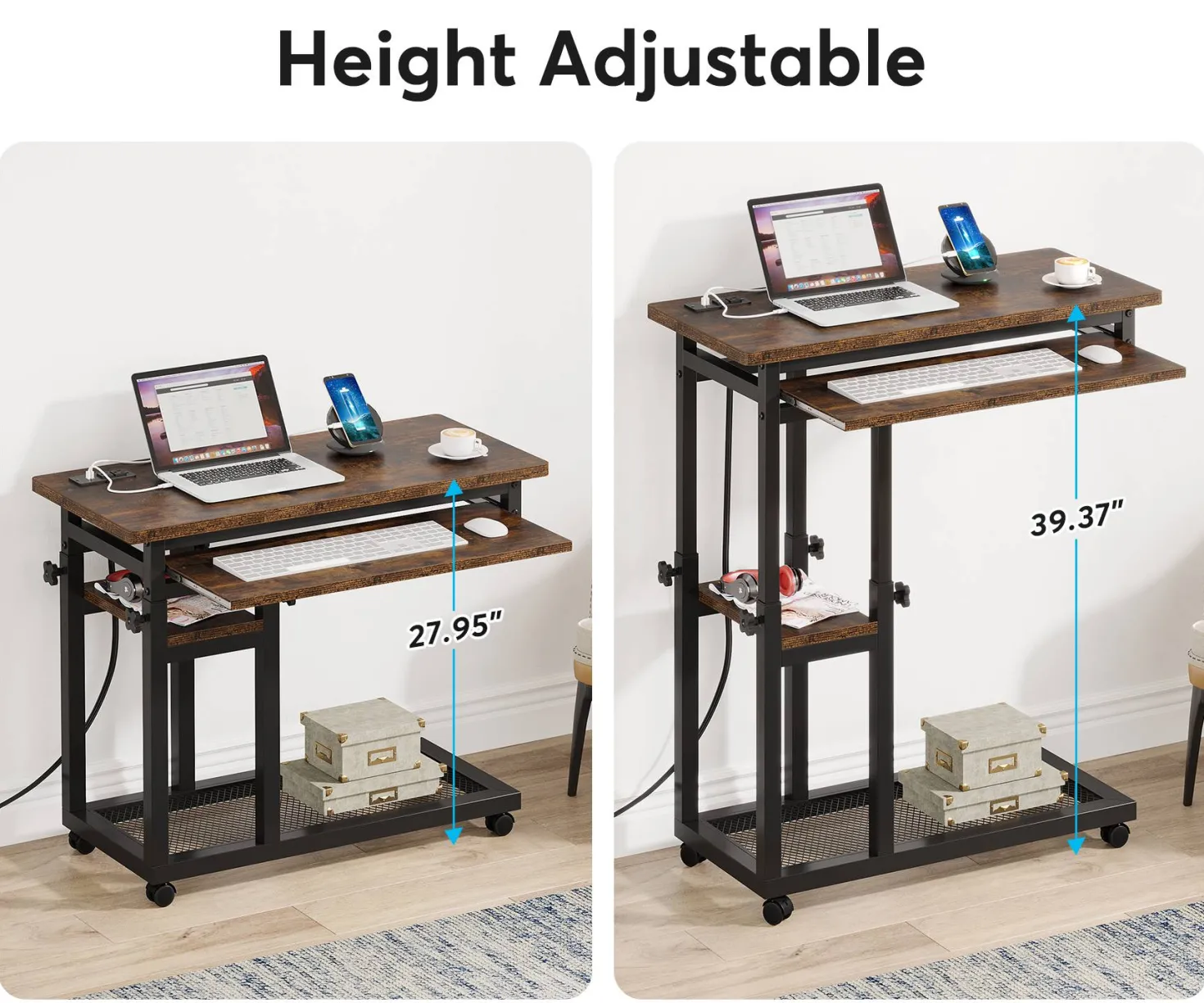 Mobile C Table, Portable Desk Side Table with Power Outlet