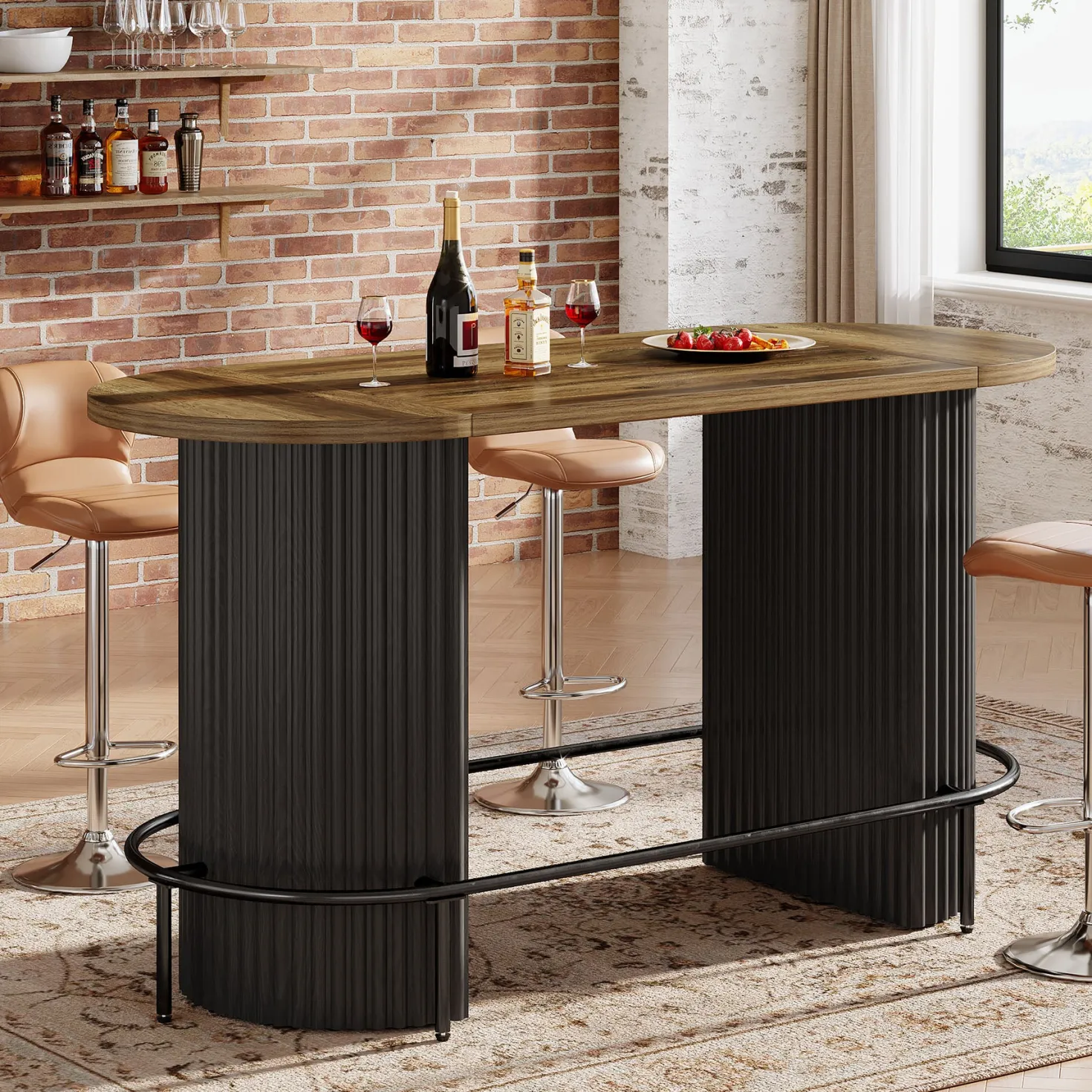Modern Bar Table, Oval Counter Height Pub Dining Table with Metal Footrest