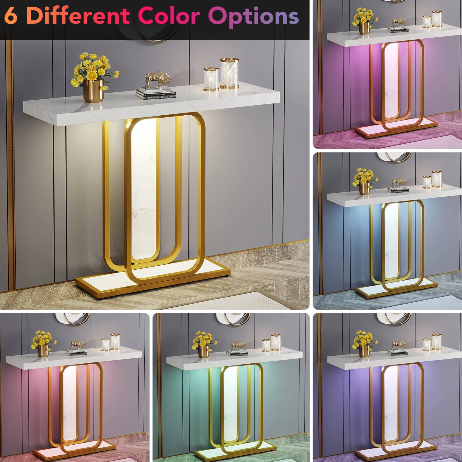 Modern Console Table, 41" Faux Marble Sofa Table with LED Lights