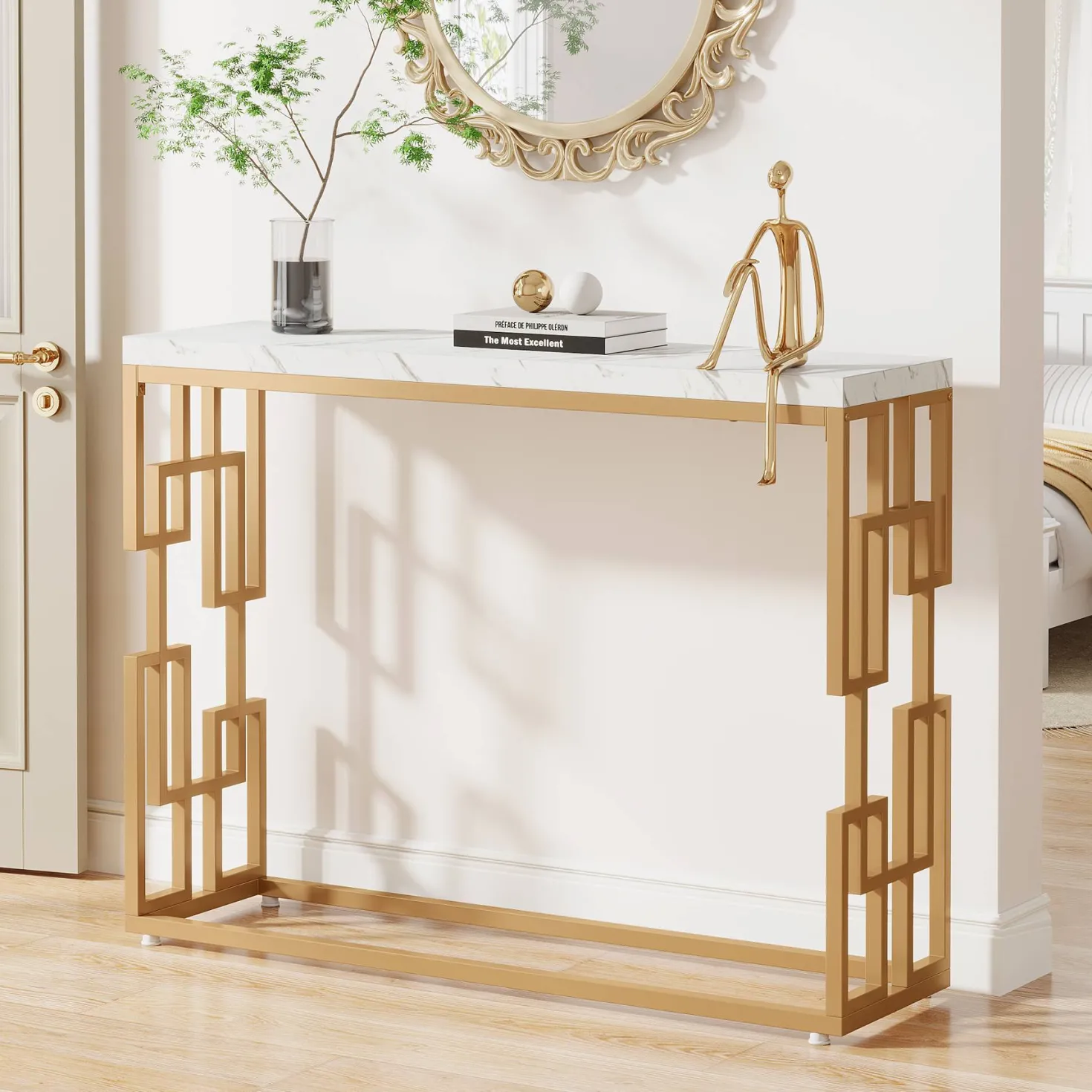 Modern Console Table, 42.5" Sofa Foyer Table with Faux Marble Tabletop