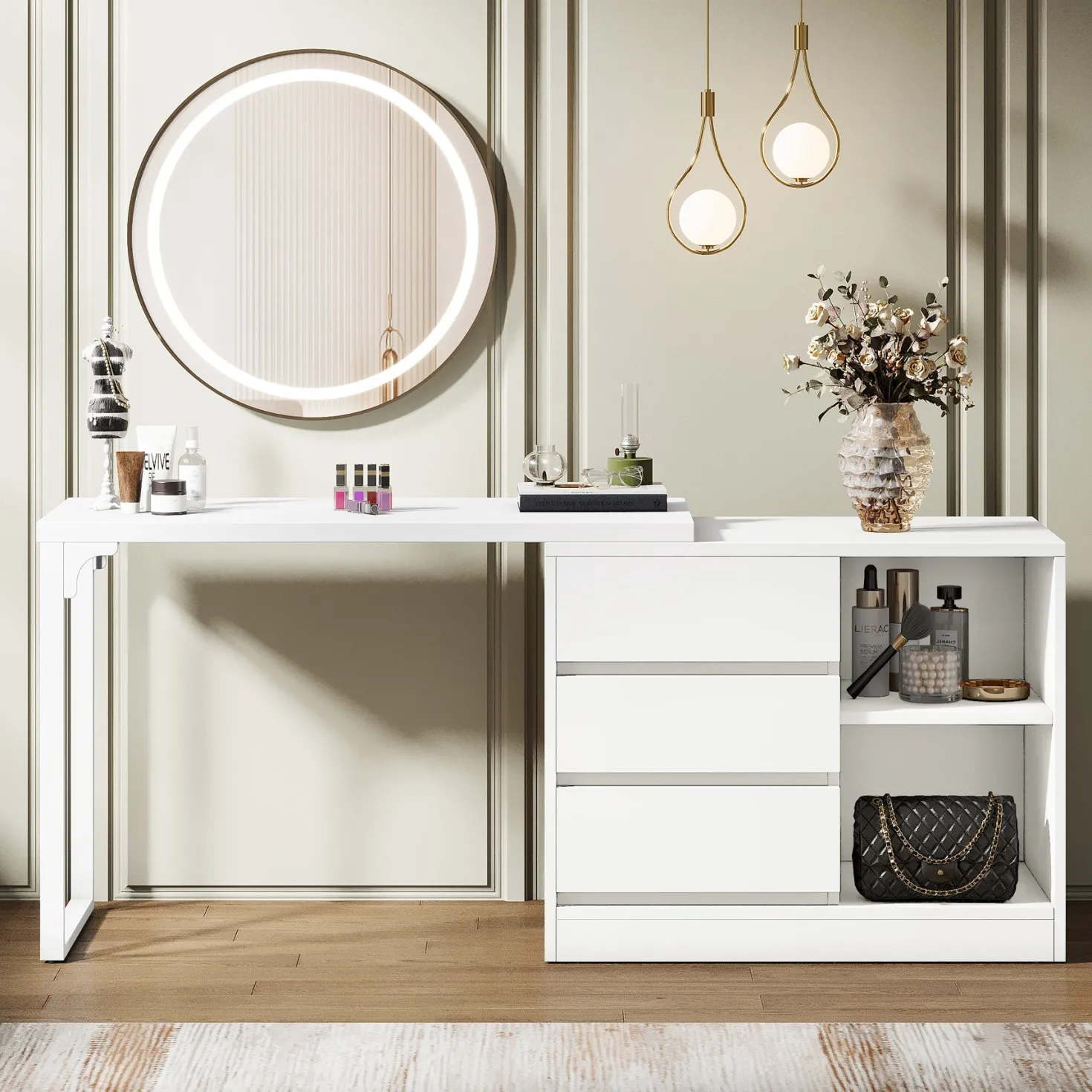 Modern Makeup Vanity, Dressing Table With 3 Drawers & Storage Shelves