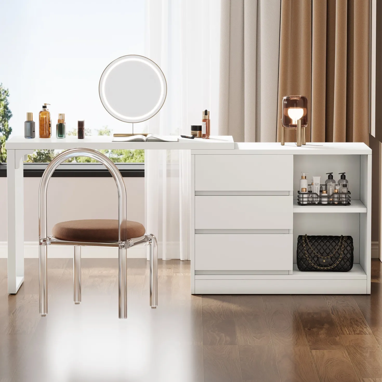 Modern Makeup Vanity, Dressing Table With 3 Drawers & Storage Shelves