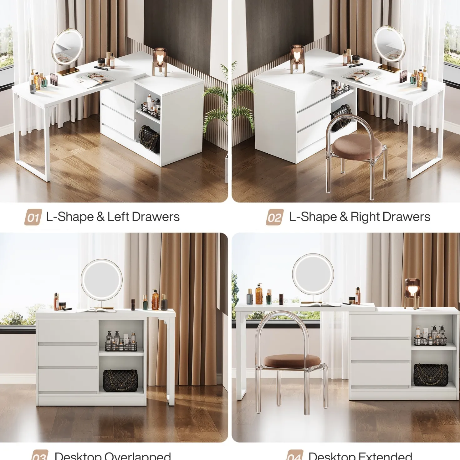 Modern Makeup Vanity, Dressing Table With 3 Drawers & Storage Shelves