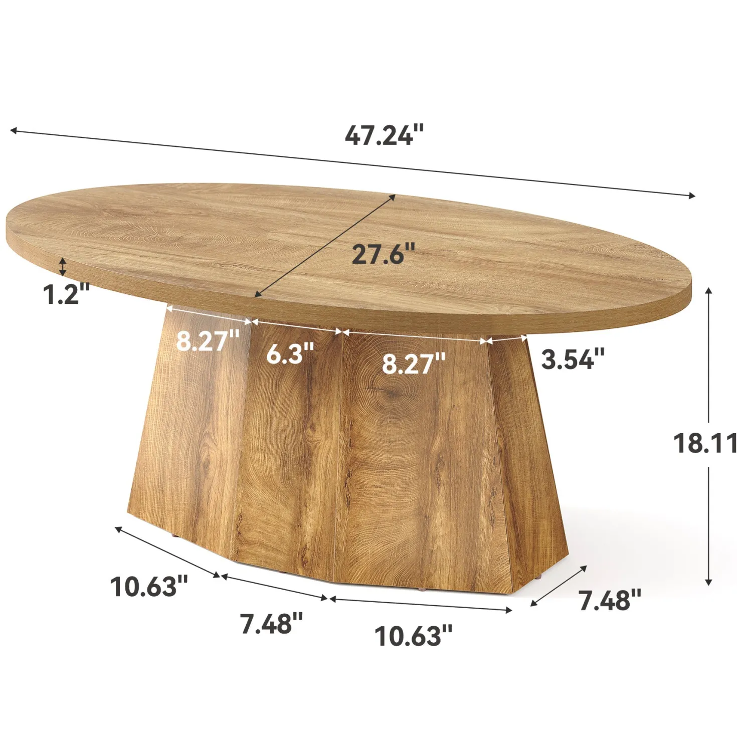 Oval Coffee Table, 47" Center Accent Table with Polygonal Pedestal for Living Room