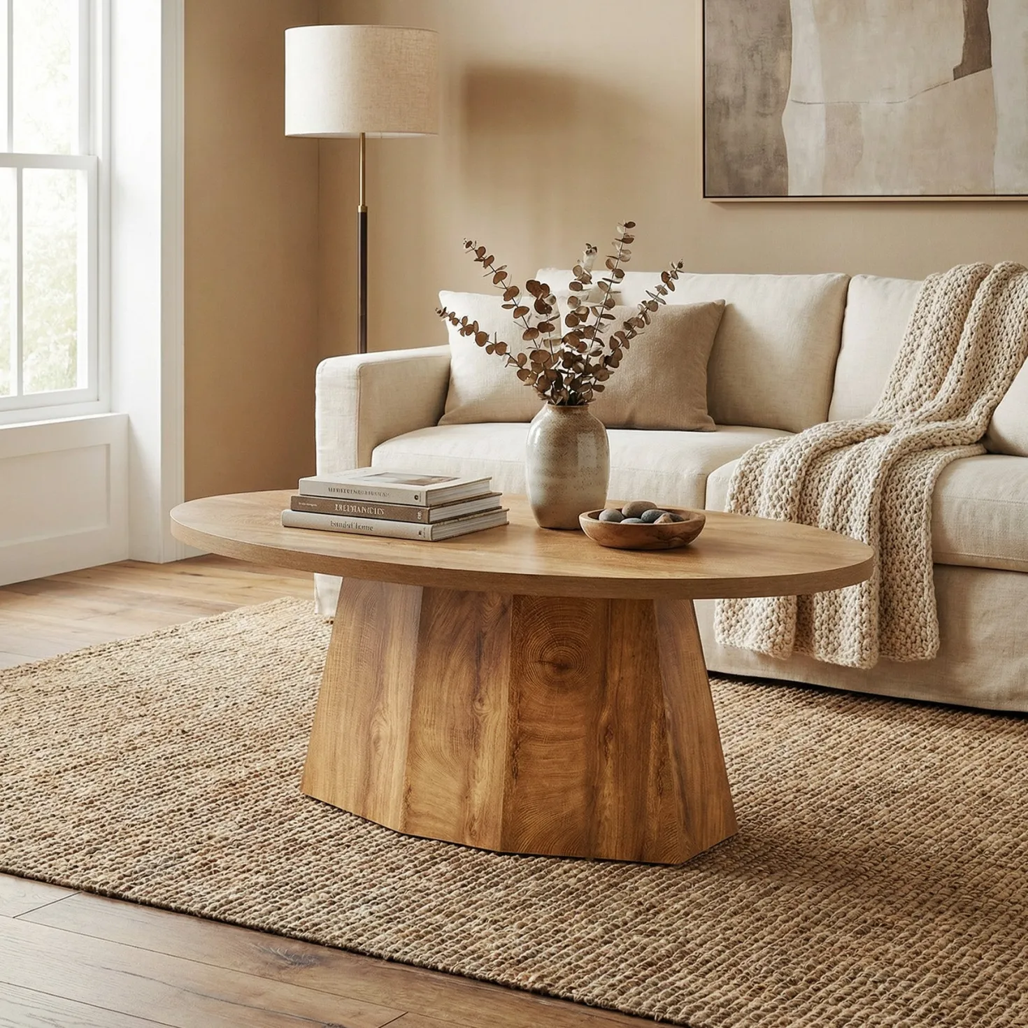 Oval Coffee Table, 47" Center Accent Table with Polygonal Pedestal for Living Room