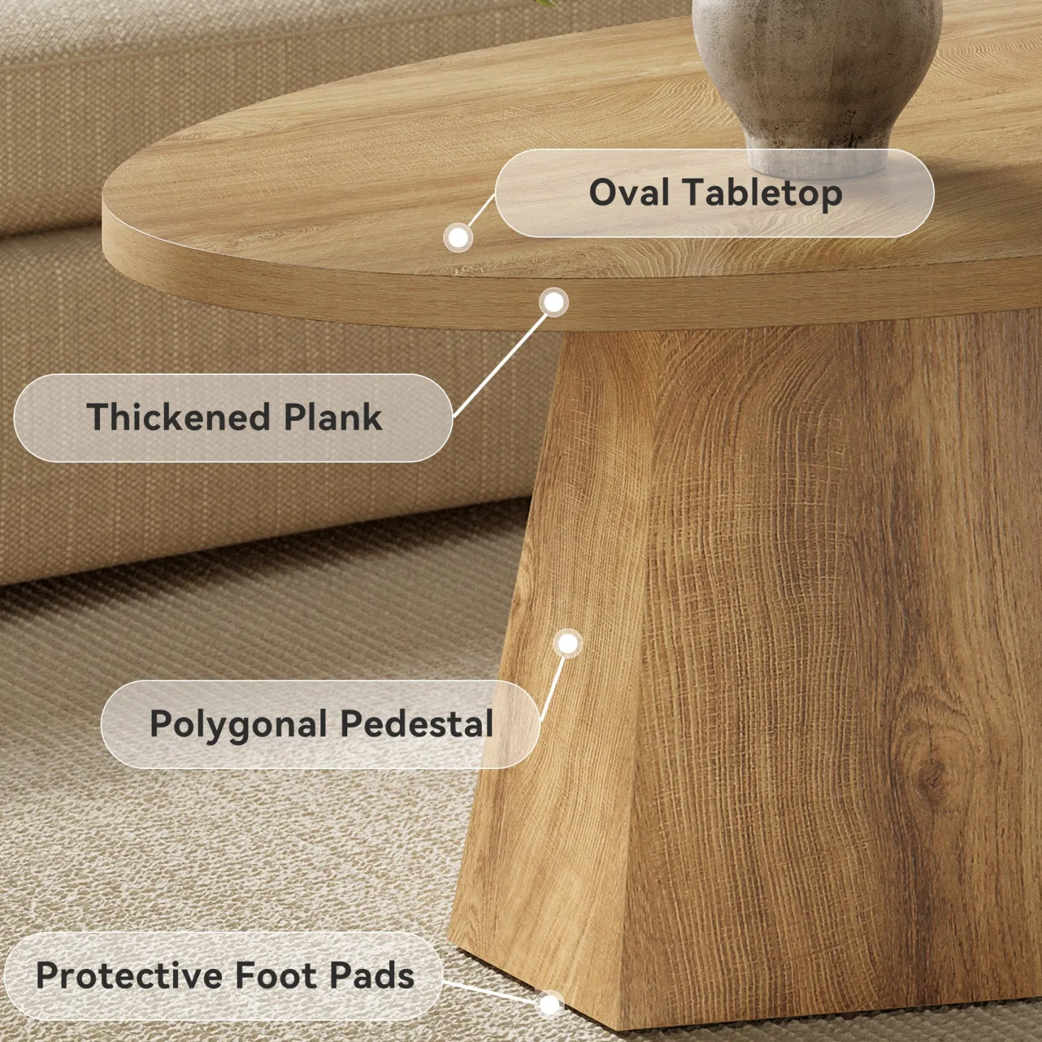 Oval Coffee Table, 47" Center Accent Table with Polygonal Pedestal for Living Room
