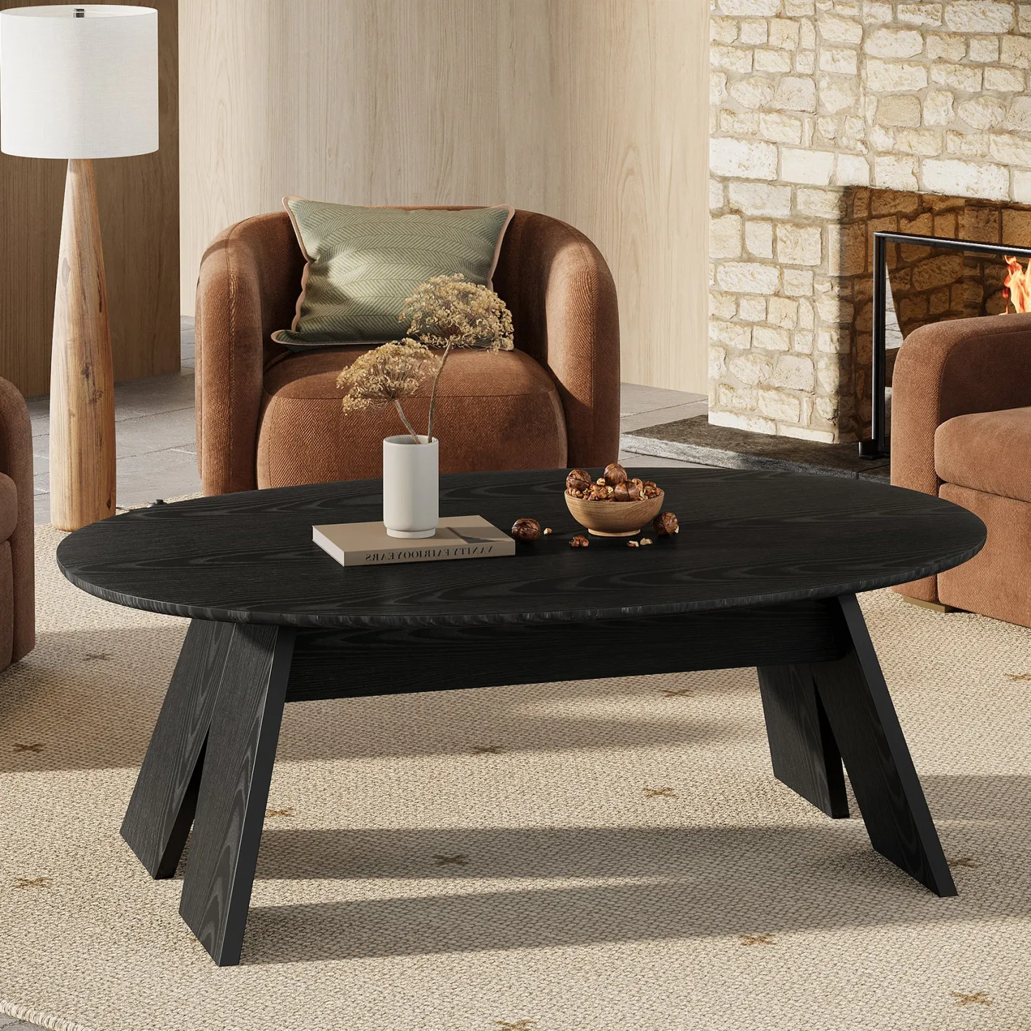 Oval Coffee Table, 47" Modern Center Cocktail Table with Angled Legs