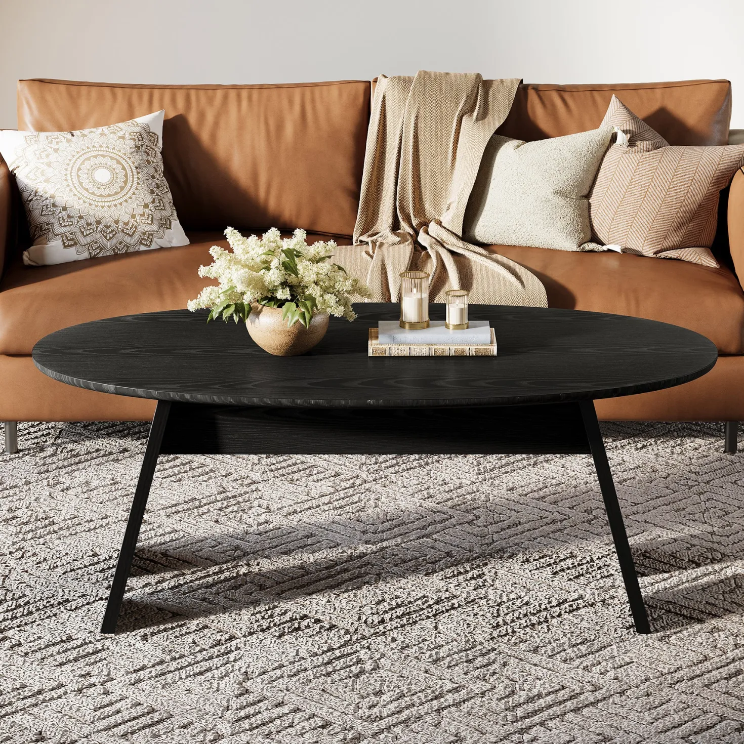Oval Coffee Table, 47" Modern Center Cocktail Table with Angled Legs