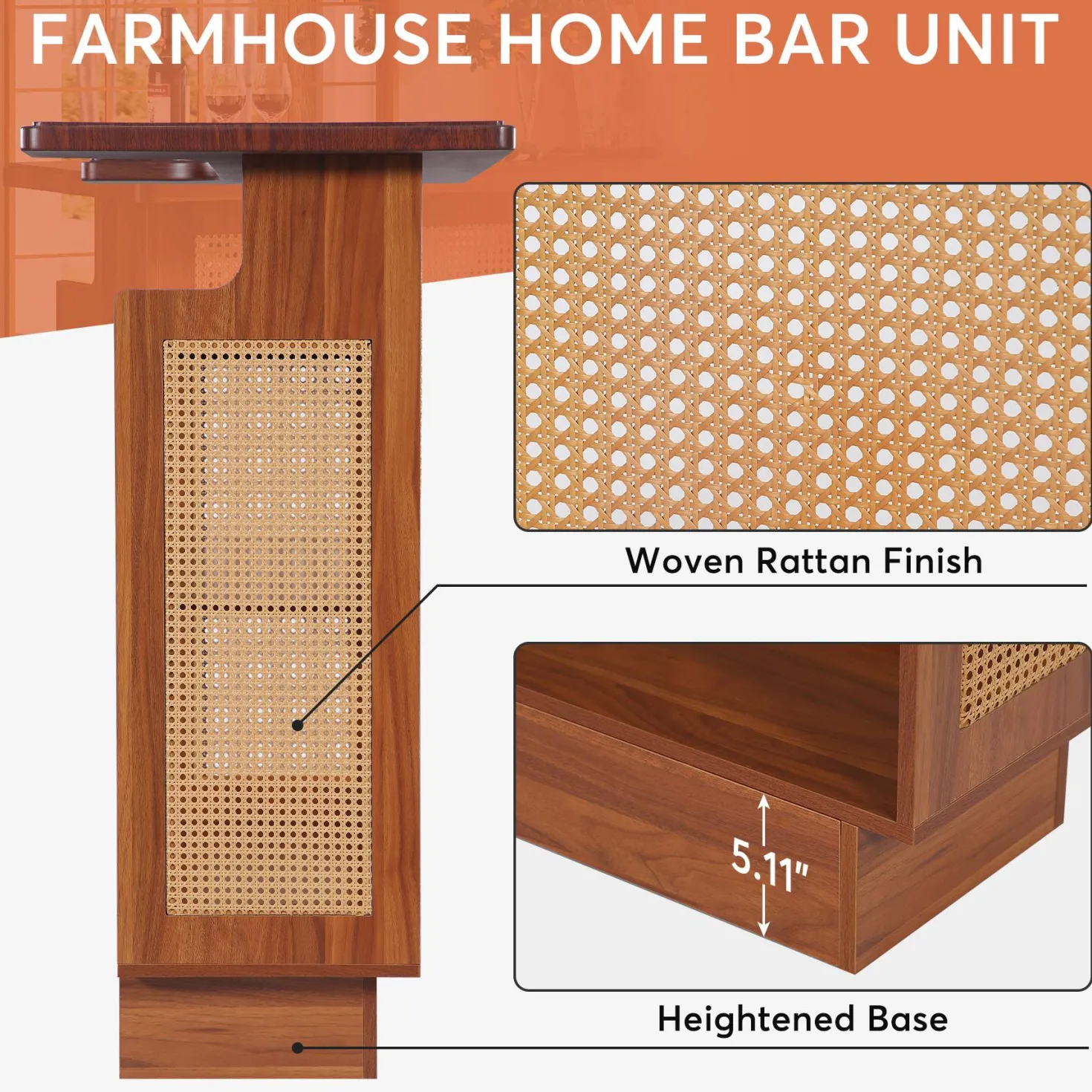 Rattan Home Bar Unit, 4-Tier Liquor Wine Bar Cabinet with Stemware Racks