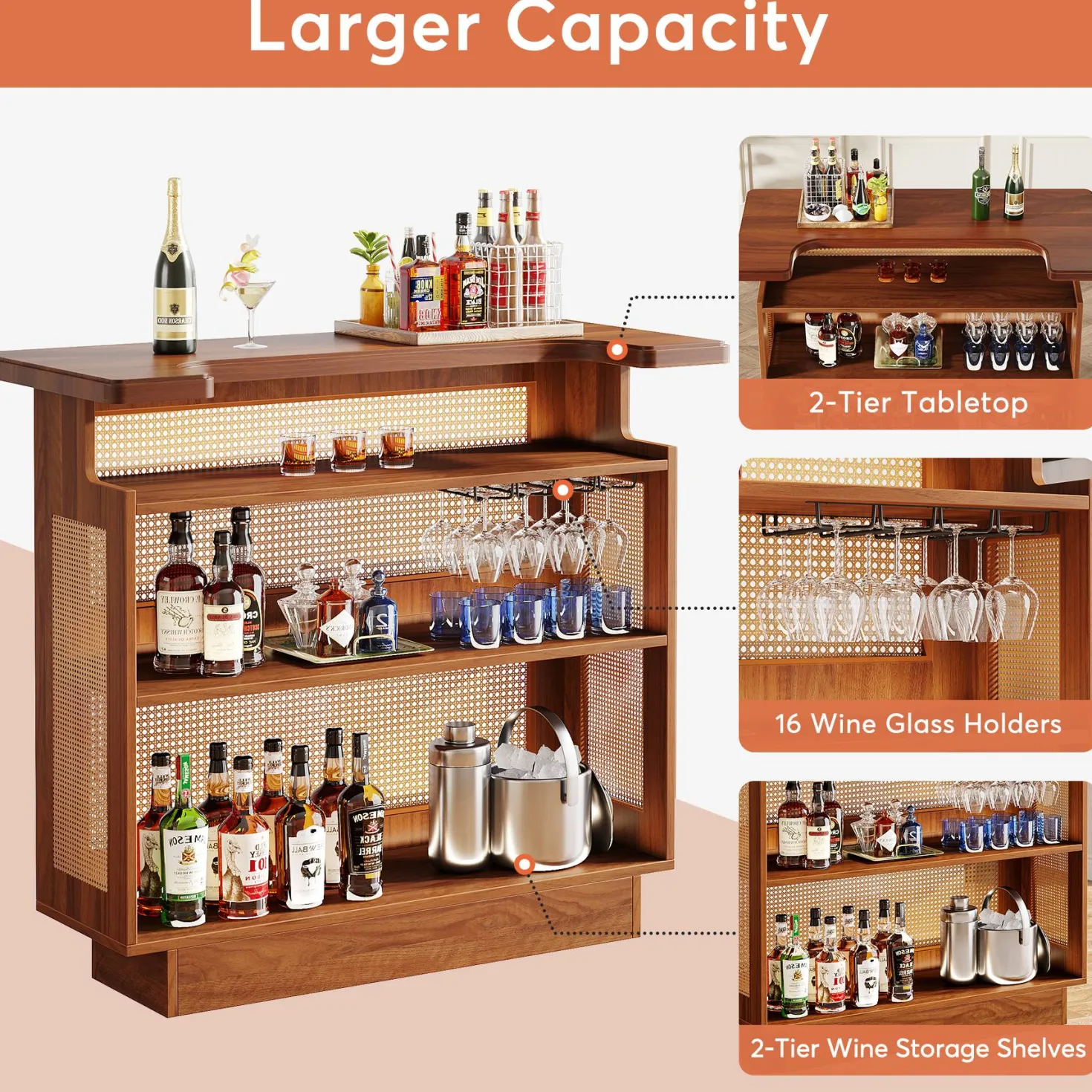 Rattan Home Bar Unit, 4-Tier Liquor Wine Bar Cabinet with Stemware Racks