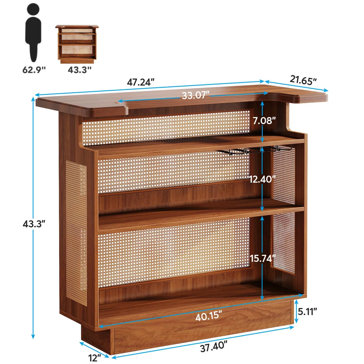 Rattan Home Bar Unit, 4-Tier Liquor Wine Bar Cabinet with Stemware Racks