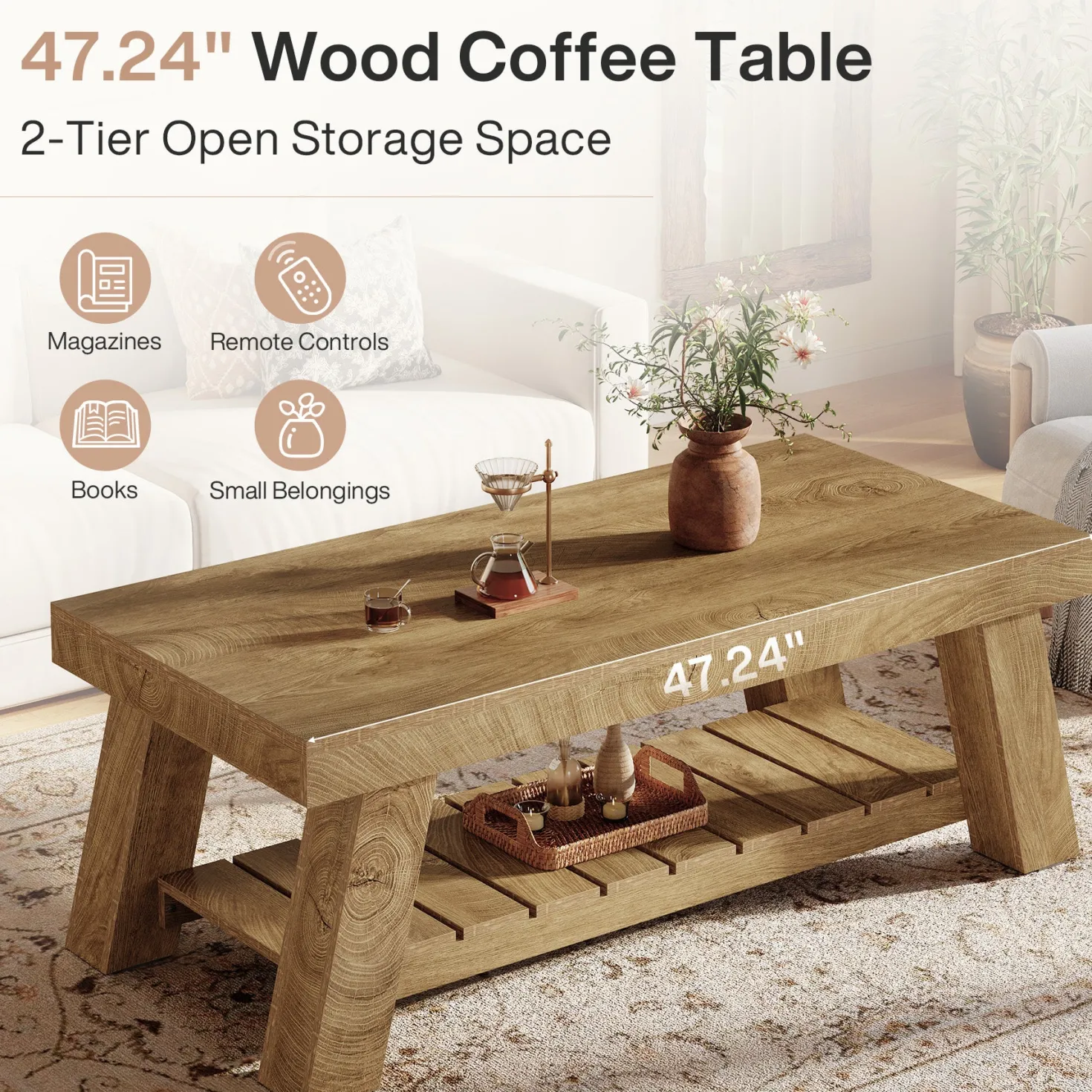 Rectangular Coffee Table, 47.24" Farmhouse Center Table with 2-Tier Storage