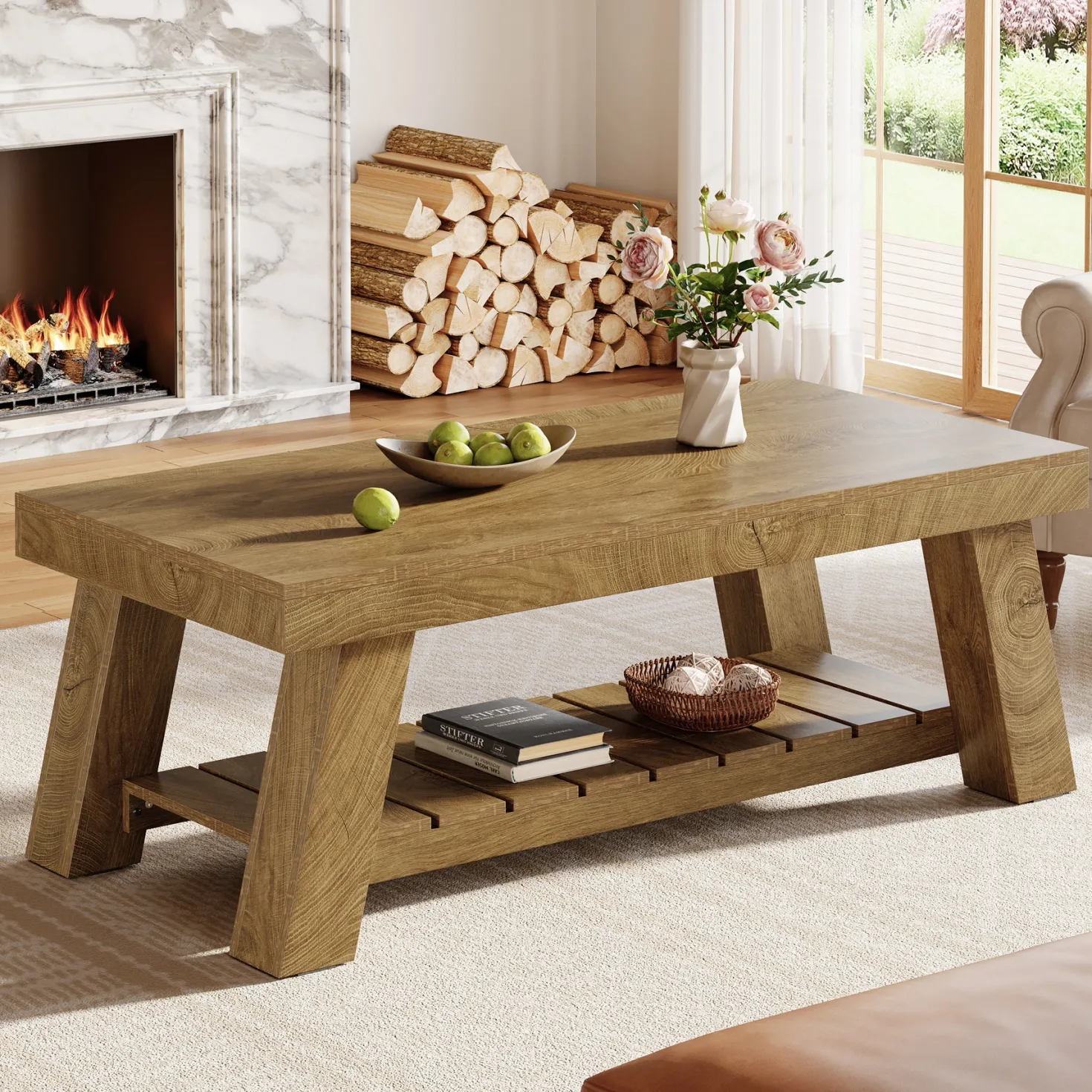 Rectangular Coffee Table, 47.24" Farmhouse Center Table with 2-Tier Storage