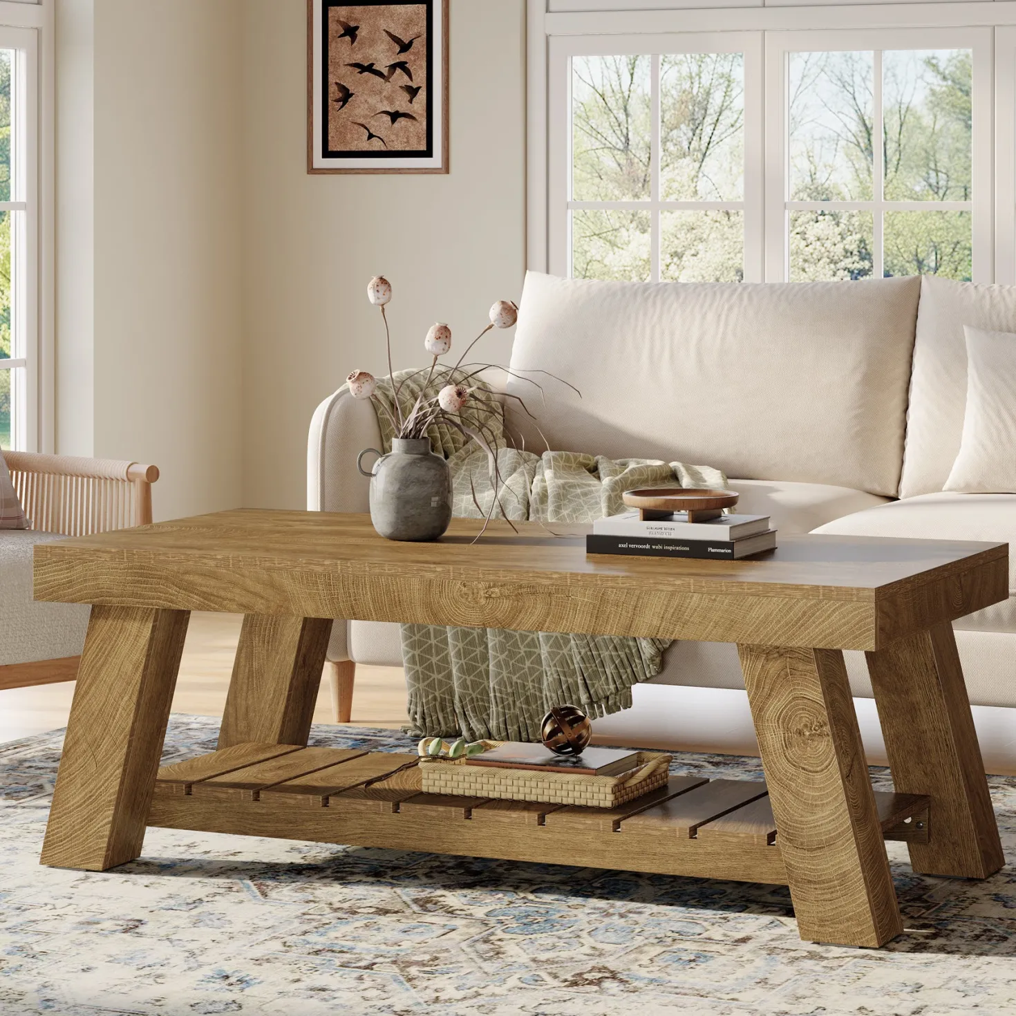 Rectangular Coffee Table, 47.24" Farmhouse Center Table with 2-Tier Storage