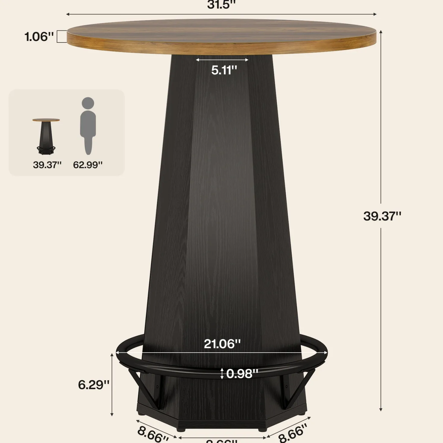 Round Bar Table, 39.4" H Bistro Pub Cocktail Table with Metal Footrest