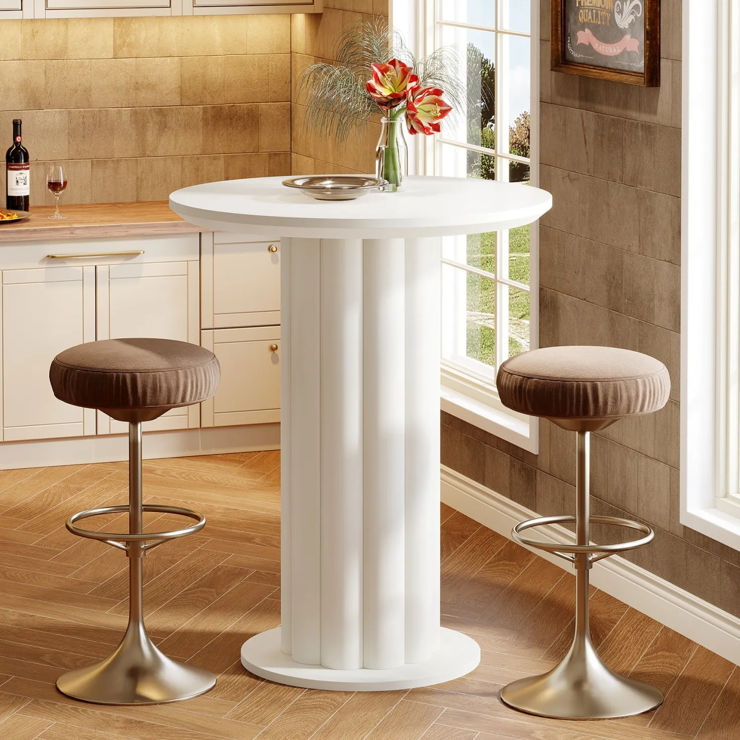 Round Bar Table, 30" Pub Table with Column Fluted Ribbed Leg Base