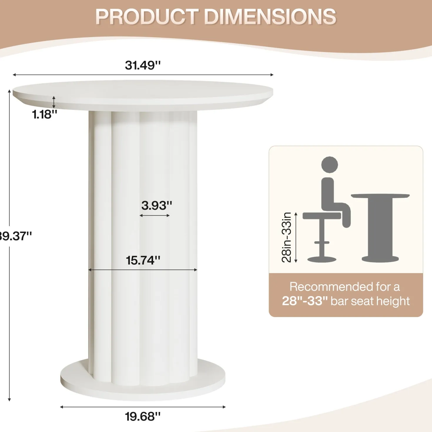 Round Bar Table, 30" Pub Table with Column Fluted Ribbed Leg Base