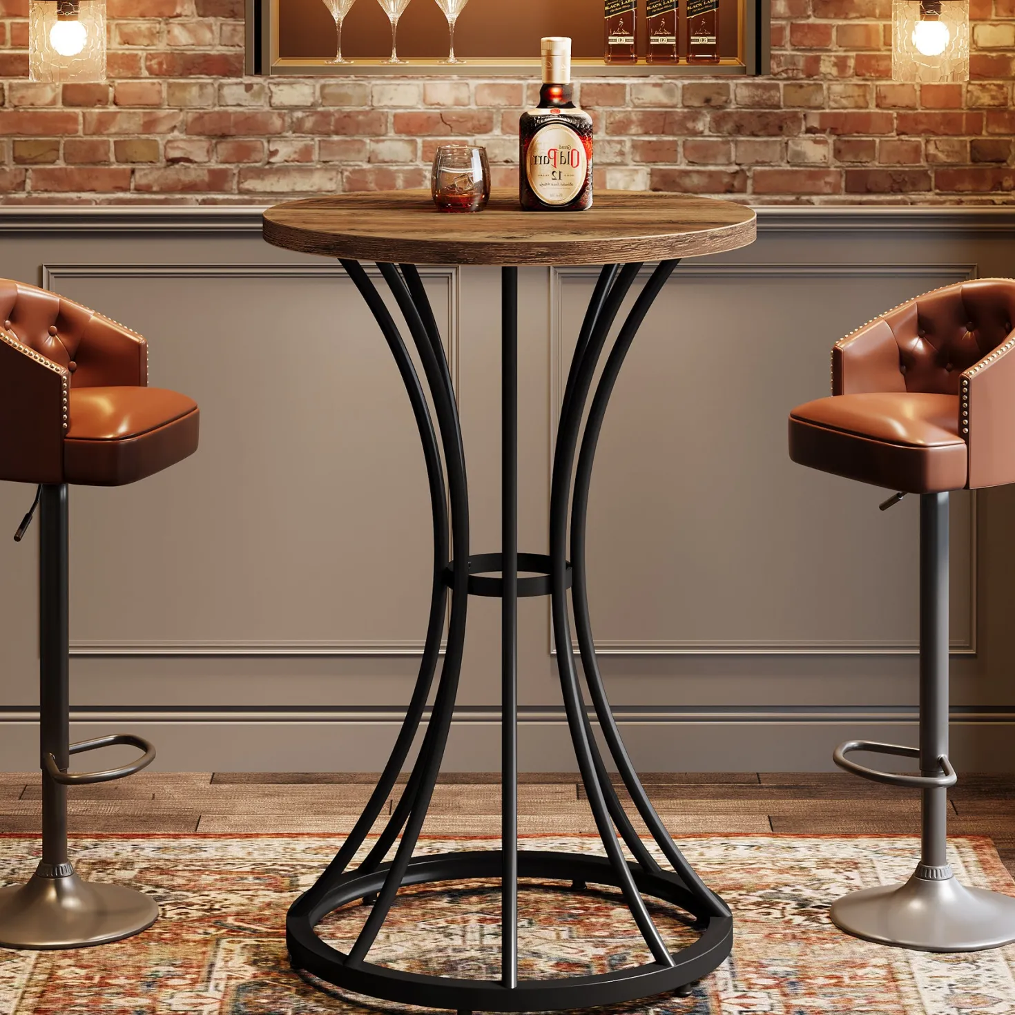 Round Bar Table for 2, 37.4" H Cocktail Table with Curved Metal Base