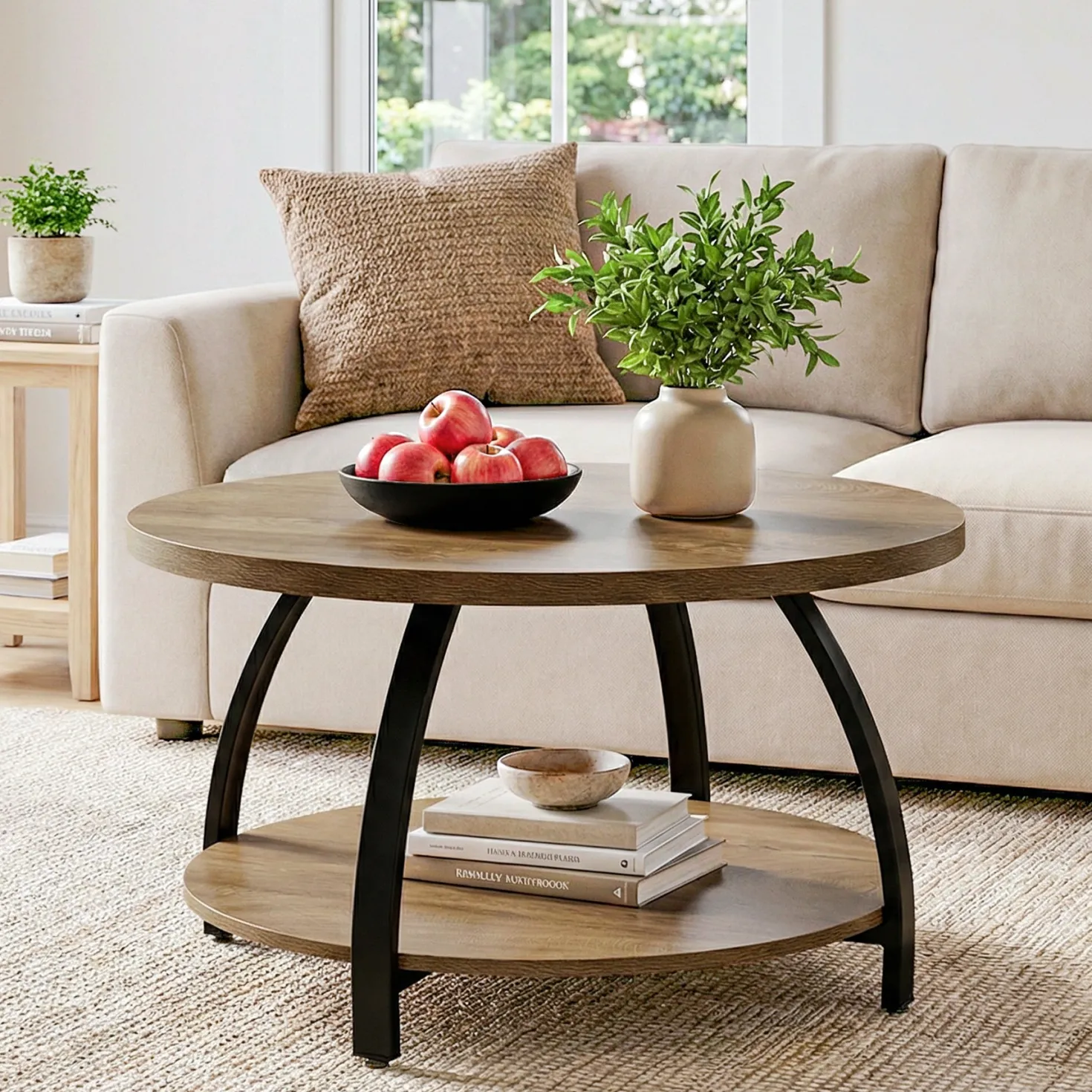 Round Coffee Table, 31.5" Center Cocktail Table with 2-Tier Storage Shelves