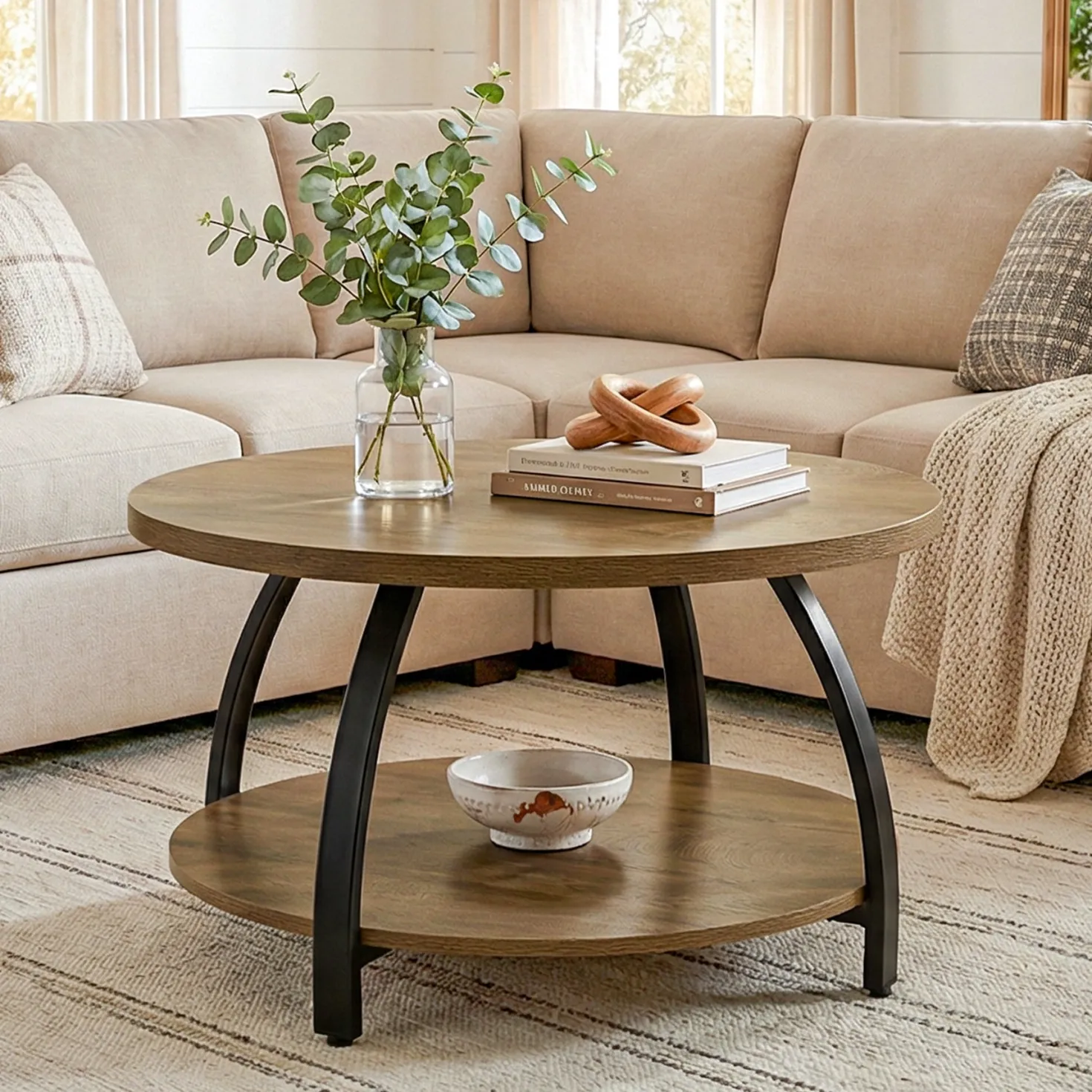 Round Coffee Table, 31.5" Center Cocktail Table with 2-Tier Storage Shelves