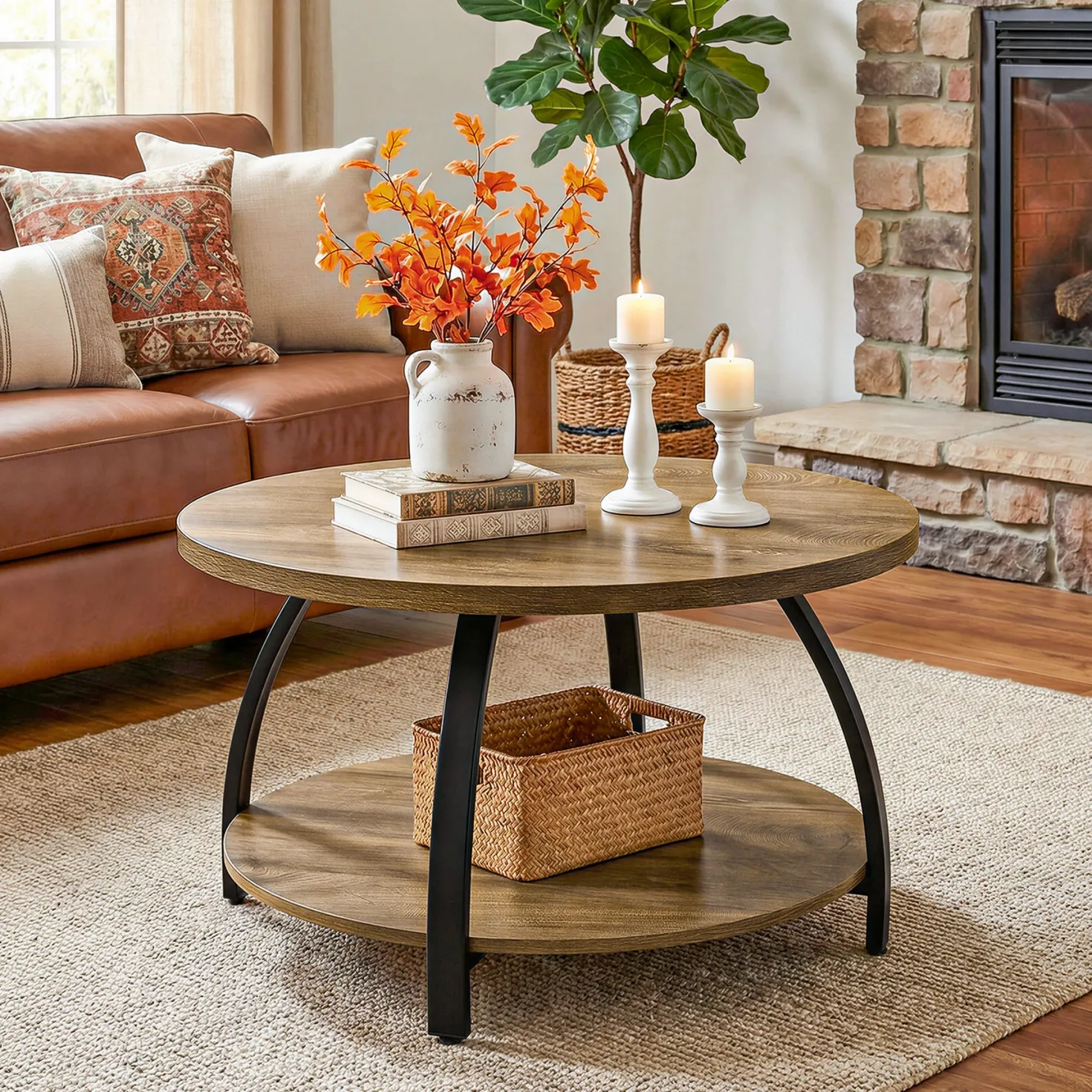 Round Coffee Table, 31.5" Center Cocktail Table with 2-Tier Storage Shelves