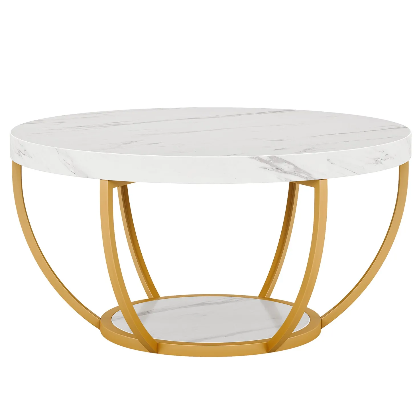 Round Coffee Table, 31.7" Center Table with 2-Tier Storage Shelves