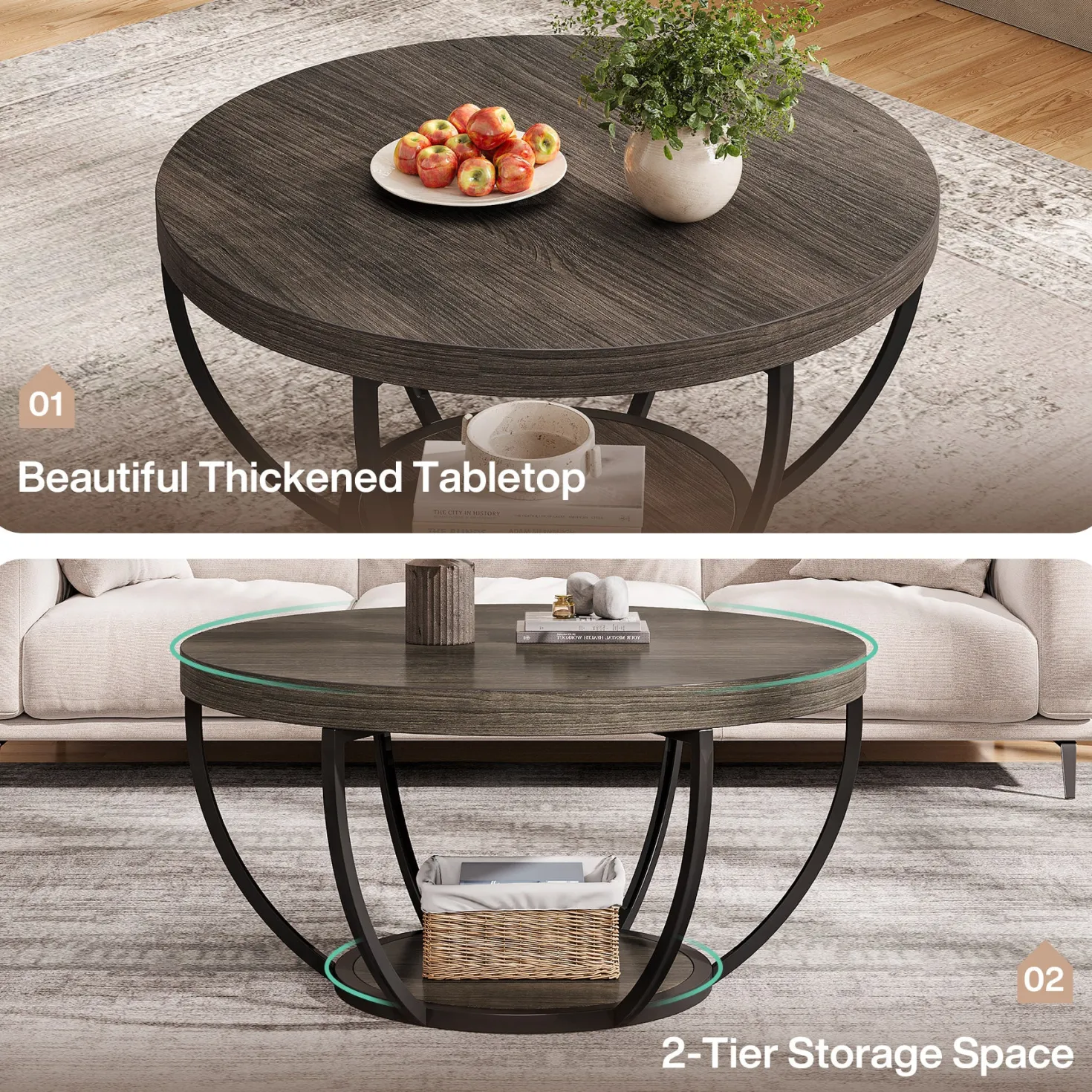 Round Coffee Table, 31.7" Center Table with 2-Tier Storage Shelves