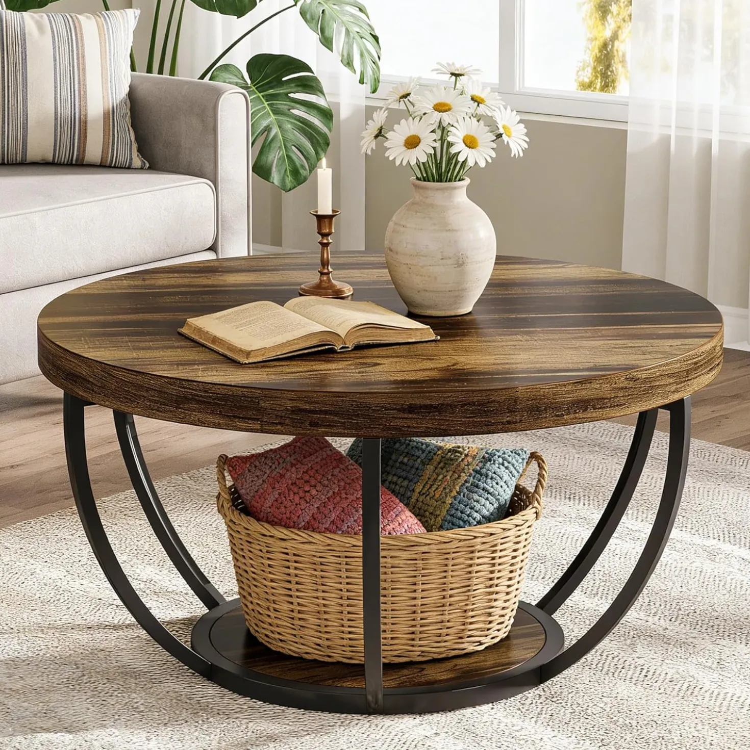Round Coffee Table, 31.7" Center Table with 2-Tier Storage Shelves