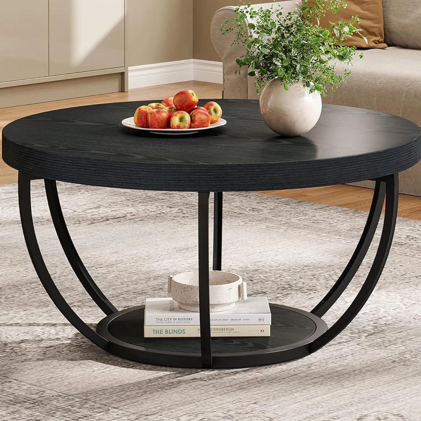 Round Coffee Table, 31.7" Center Table with 2-Tier Storage Shelves