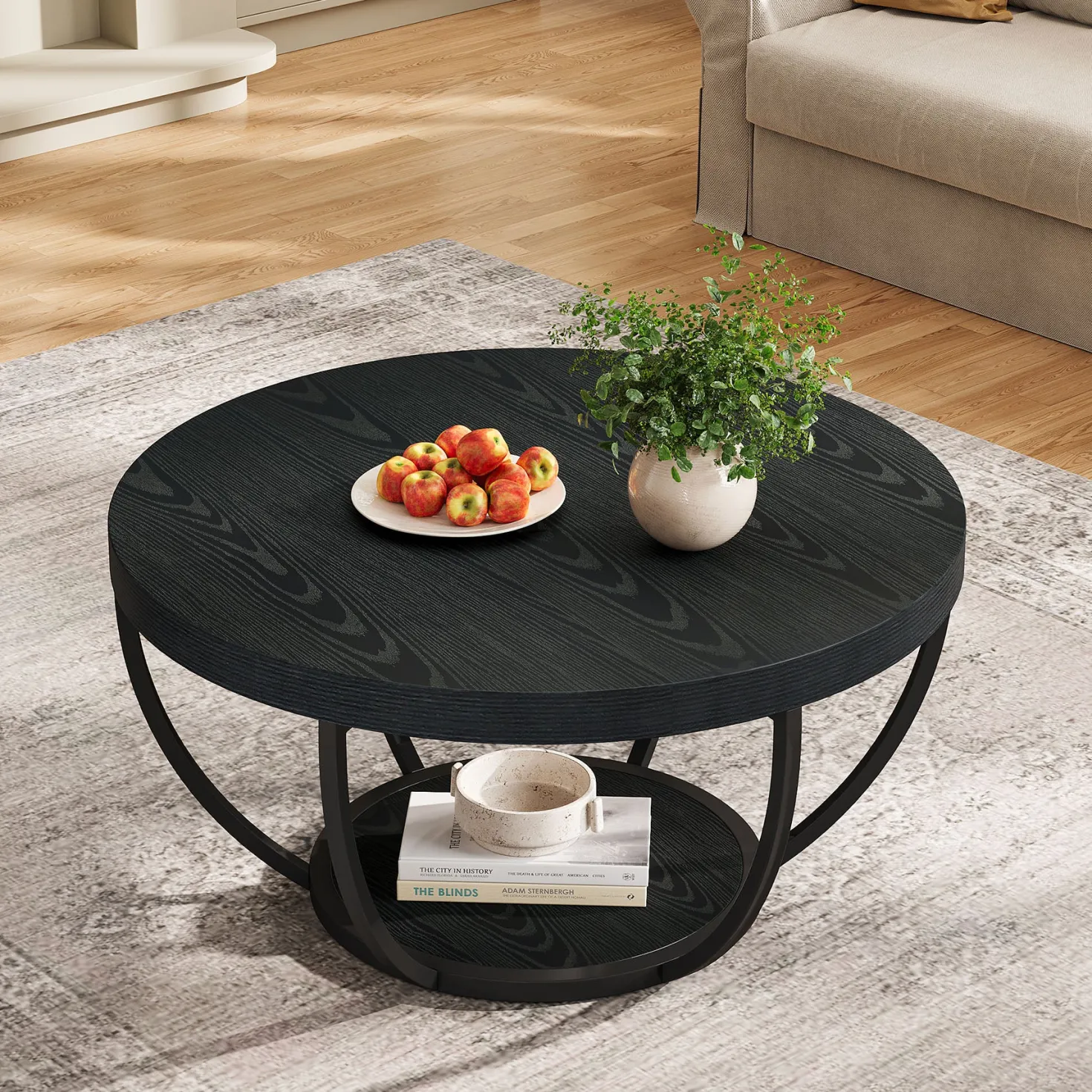 Round Coffee Table, 31.7" Center Table with 2-Tier Storage Shelves