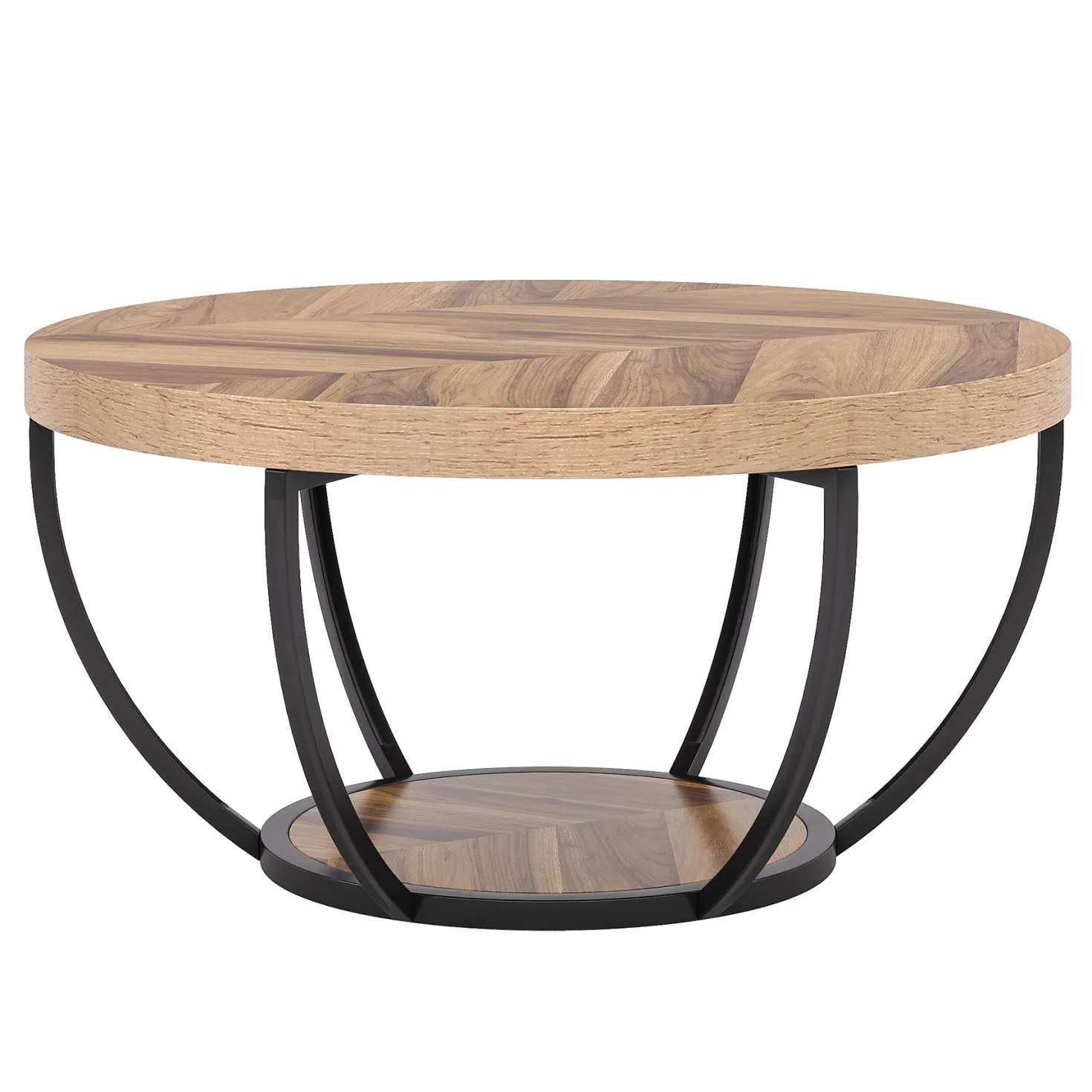 Round Coffee Table, 31.7" Center Table with 2-Tier Storage Shelves