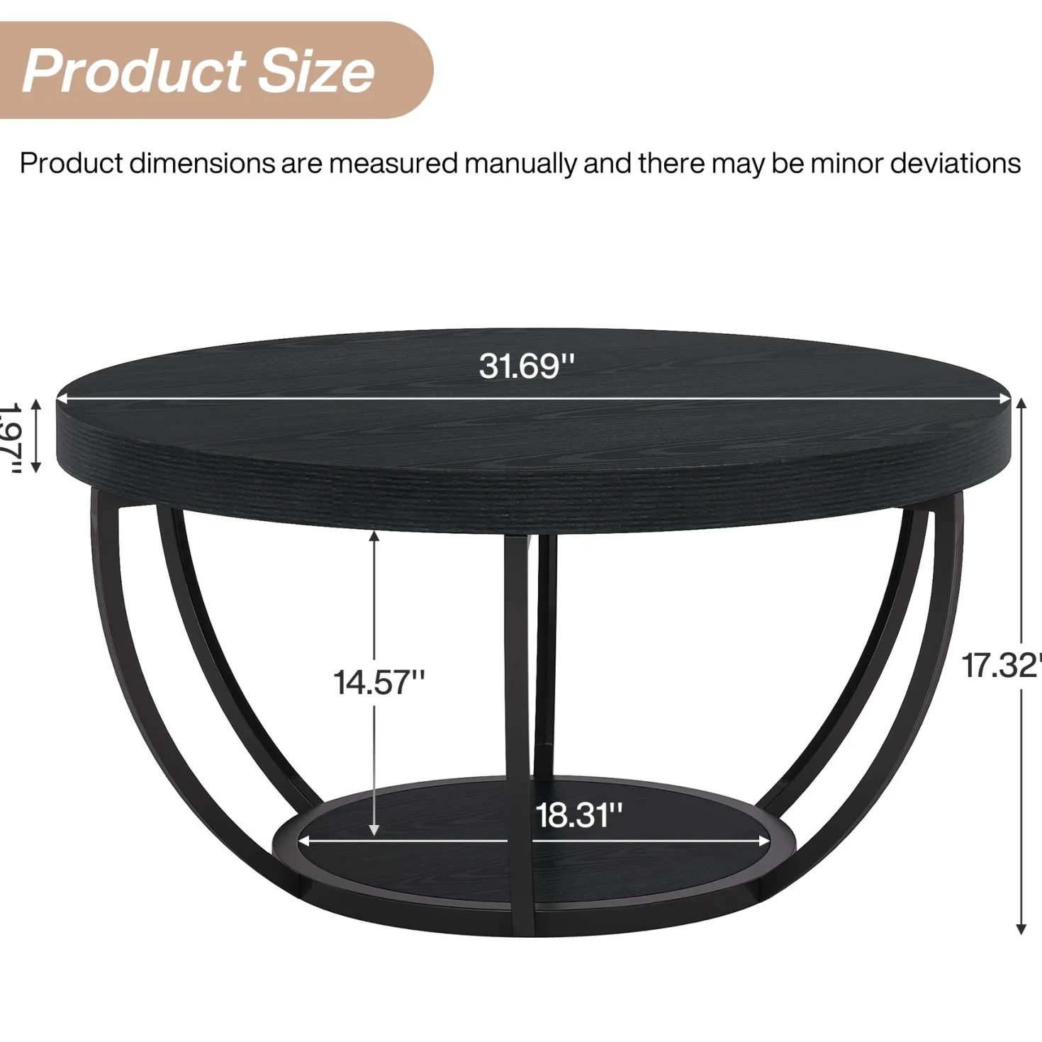 Round Coffee Table, 31.7" Center Table with 2-Tier Storage Shelves