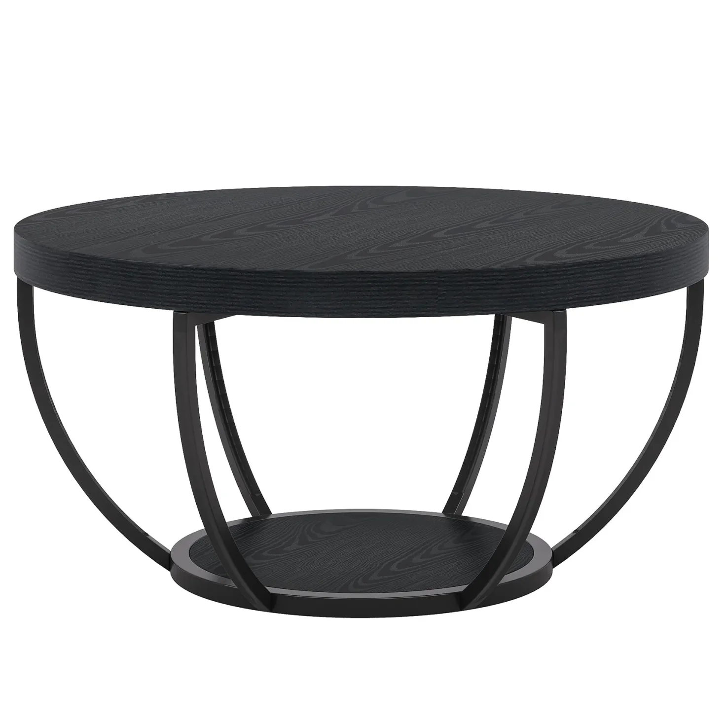 Round Coffee Table, 31.7" Center Table with 2-Tier Storage Shelves