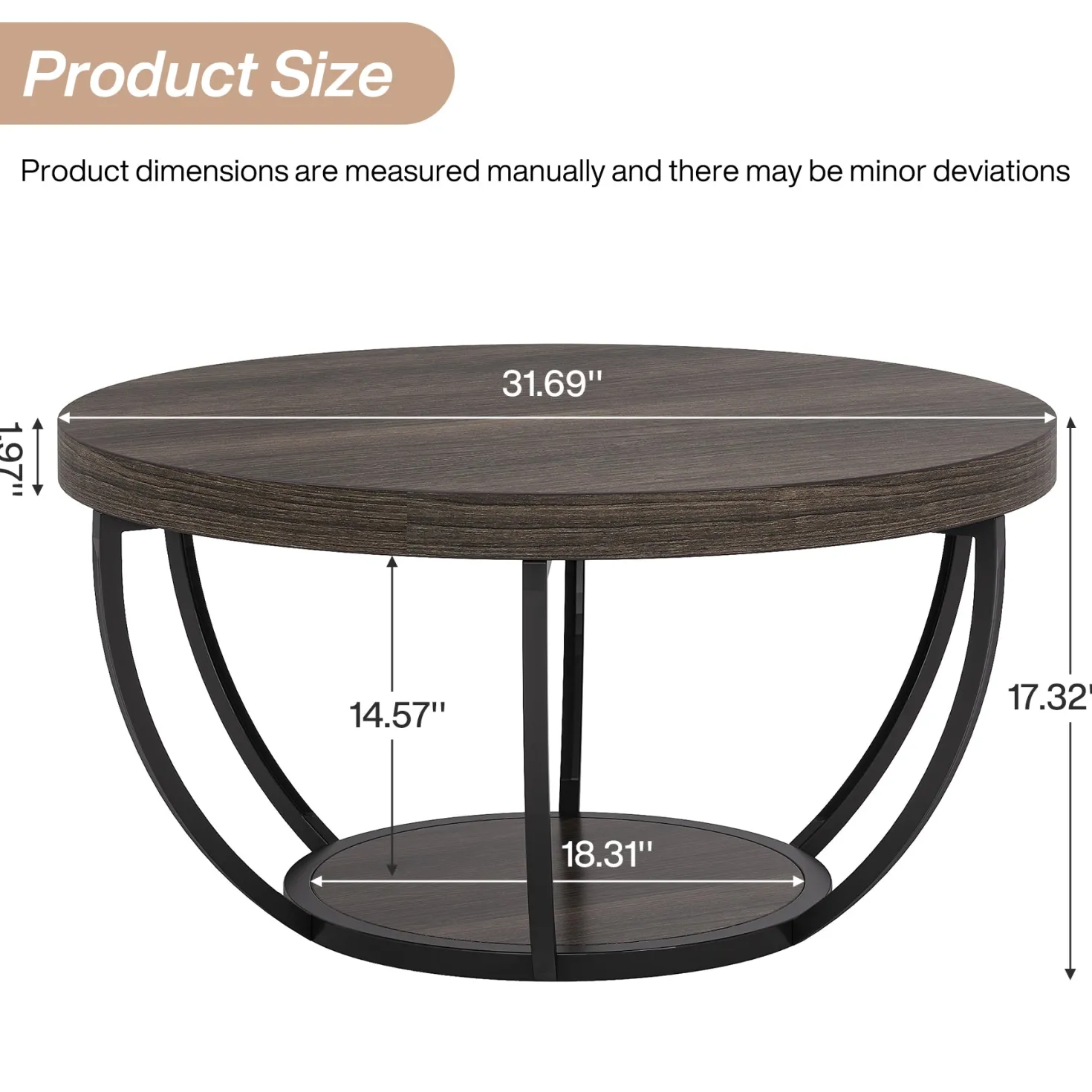 Round Coffee Table, 31.7" Center Table with 2-Tier Storage Shelves