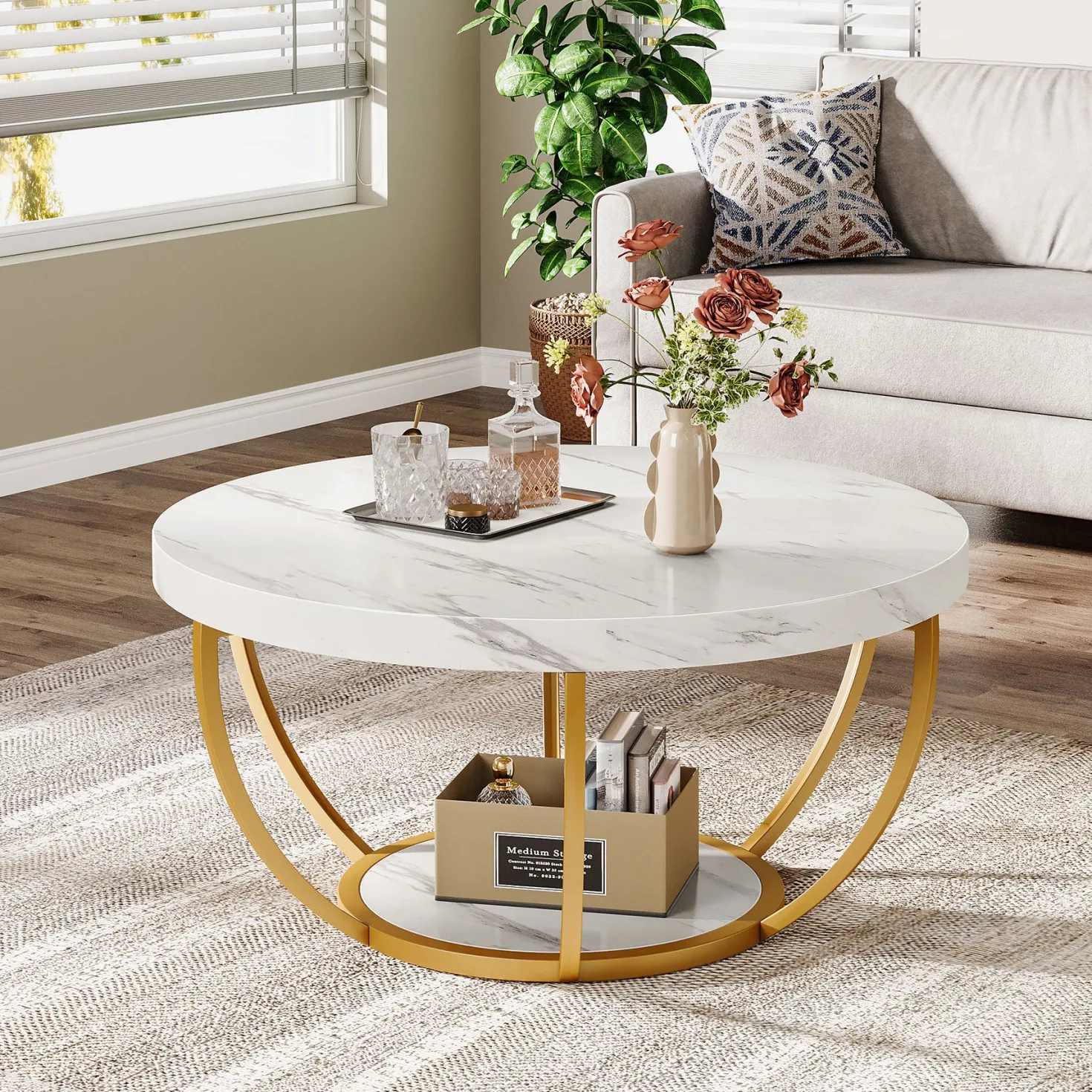 Round Coffee Table, 31.7" Center Table with 2-Tier Storage Shelves