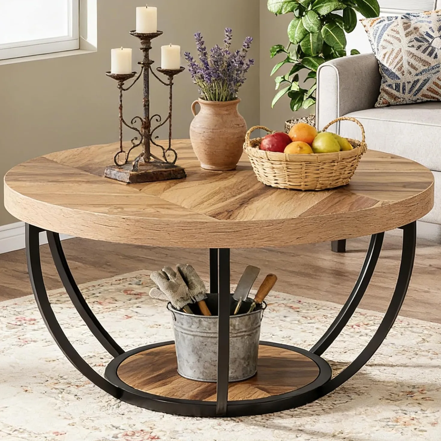 Round Coffee Table, 31.7" Center Table with 2-Tier Storage Shelves