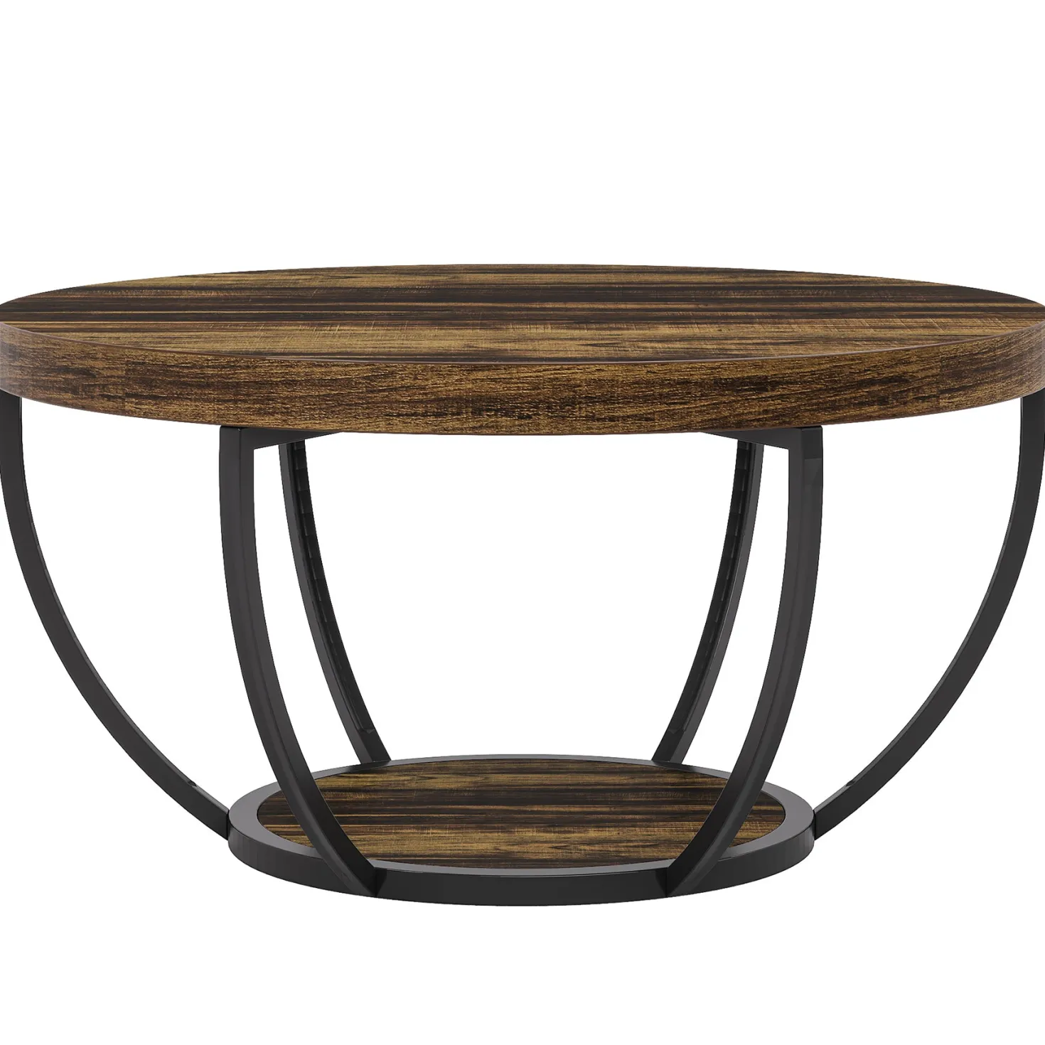 Round Coffee Table, 31.7" Center Table with 2-Tier Storage Shelves