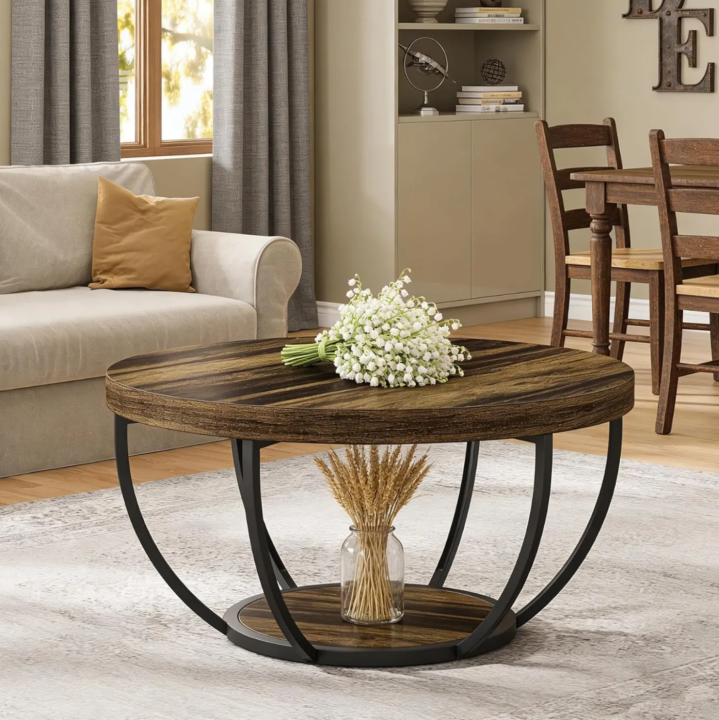 Round Coffee Table, 31.7" Center Table with 2-Tier Storage Shelves