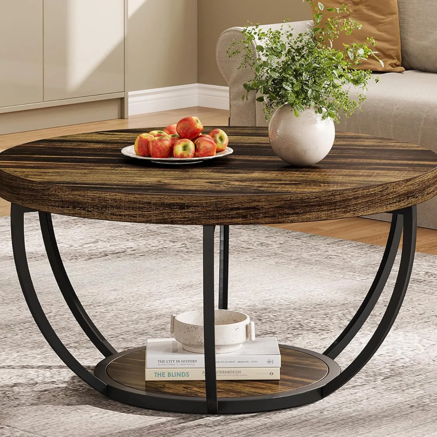 Round Coffee Table, 31.7" Center Table with 2-Tier Storage Shelves