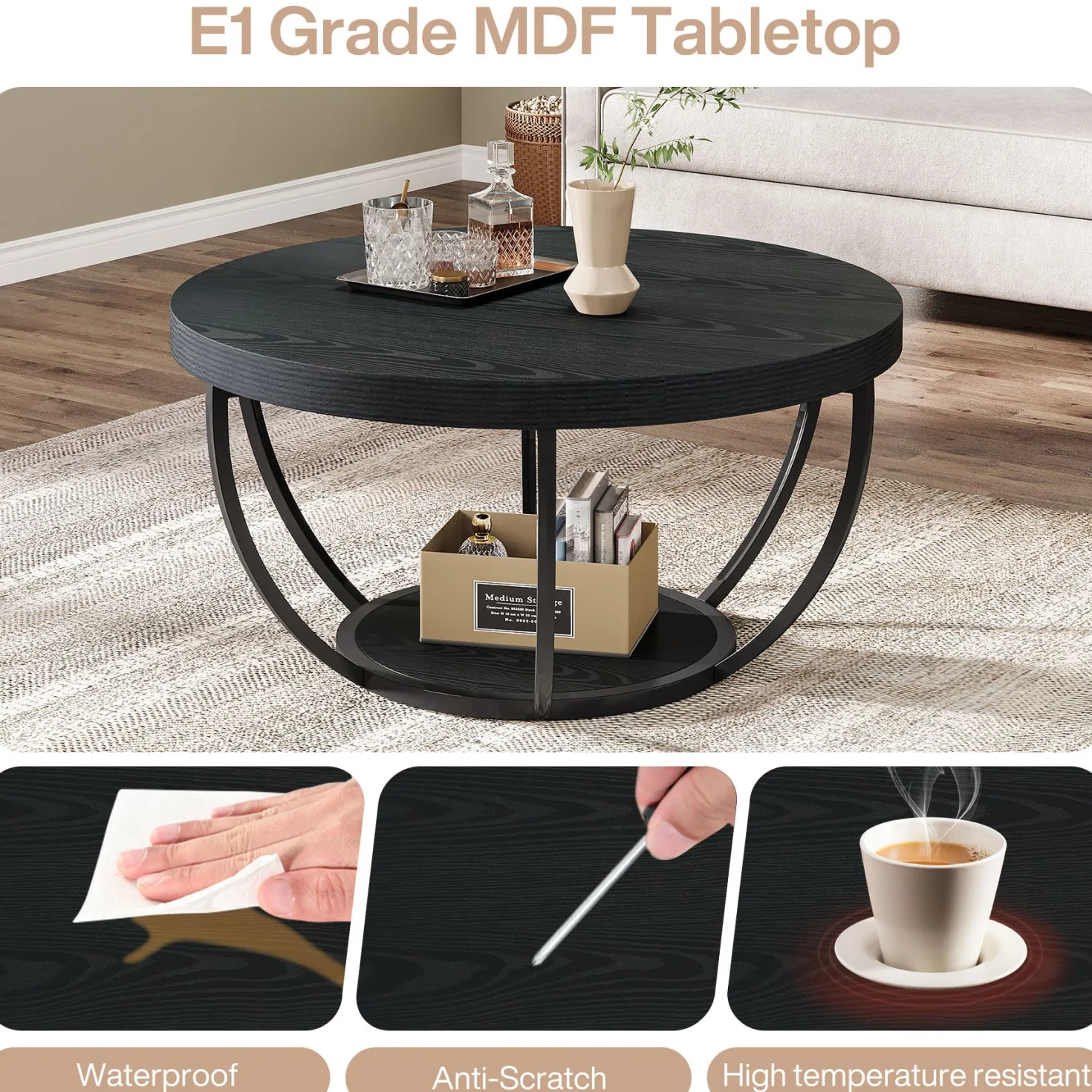 Round Coffee Table, 31.7" Center Table with 2-Tier Storage Shelves