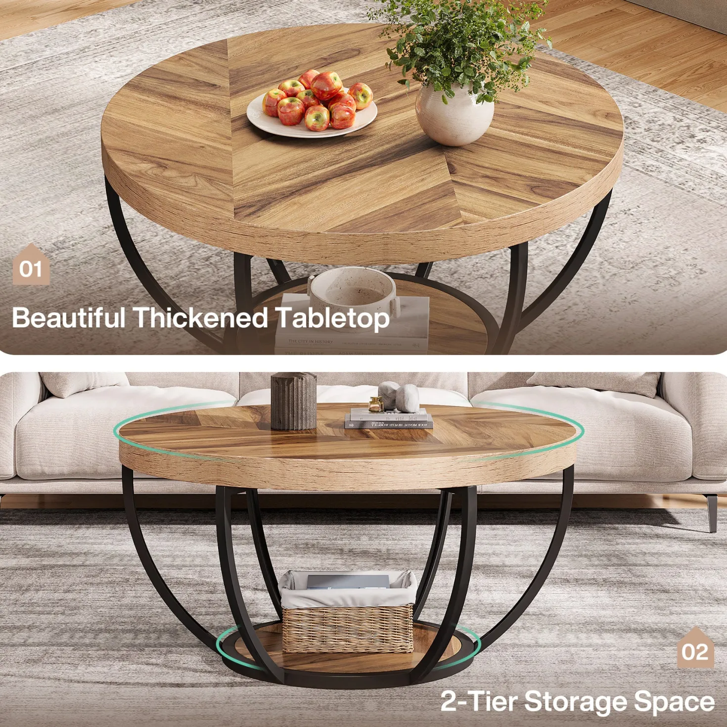 Round Coffee Table, 31.7" Center Table with 2-Tier Storage Shelves