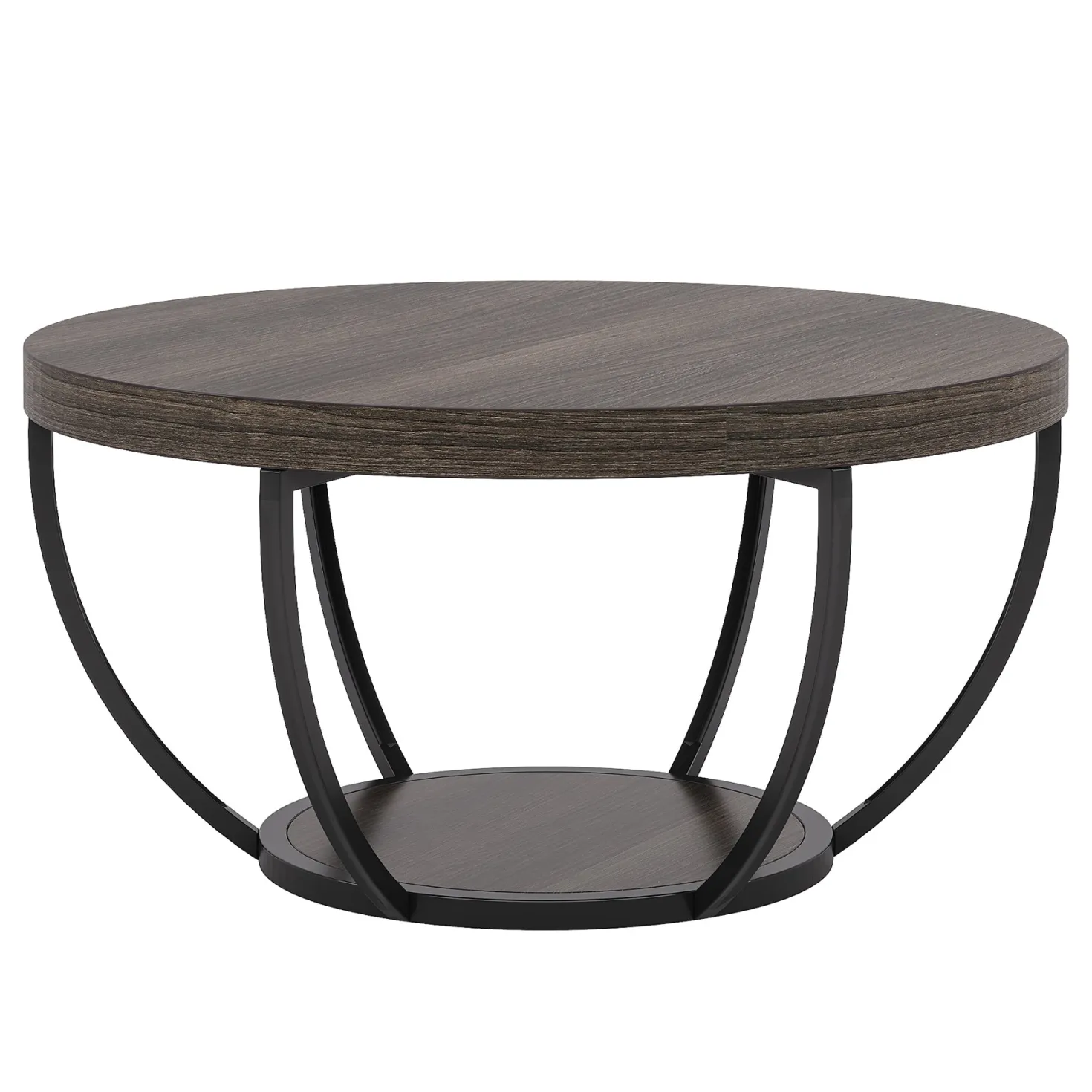 Round Coffee Table, 31.7" Center Table with 2-Tier Storage Shelves