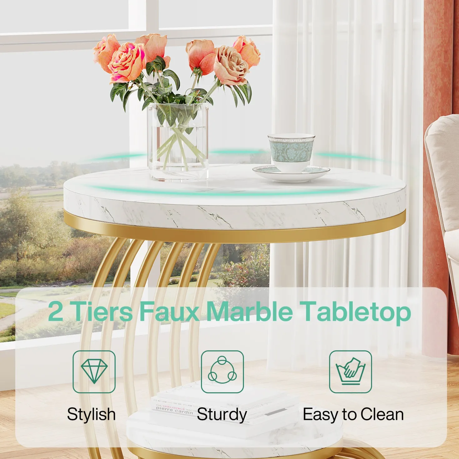 Round End Table, 2 Tiers Faux Marble Side Table with Storage Shelf