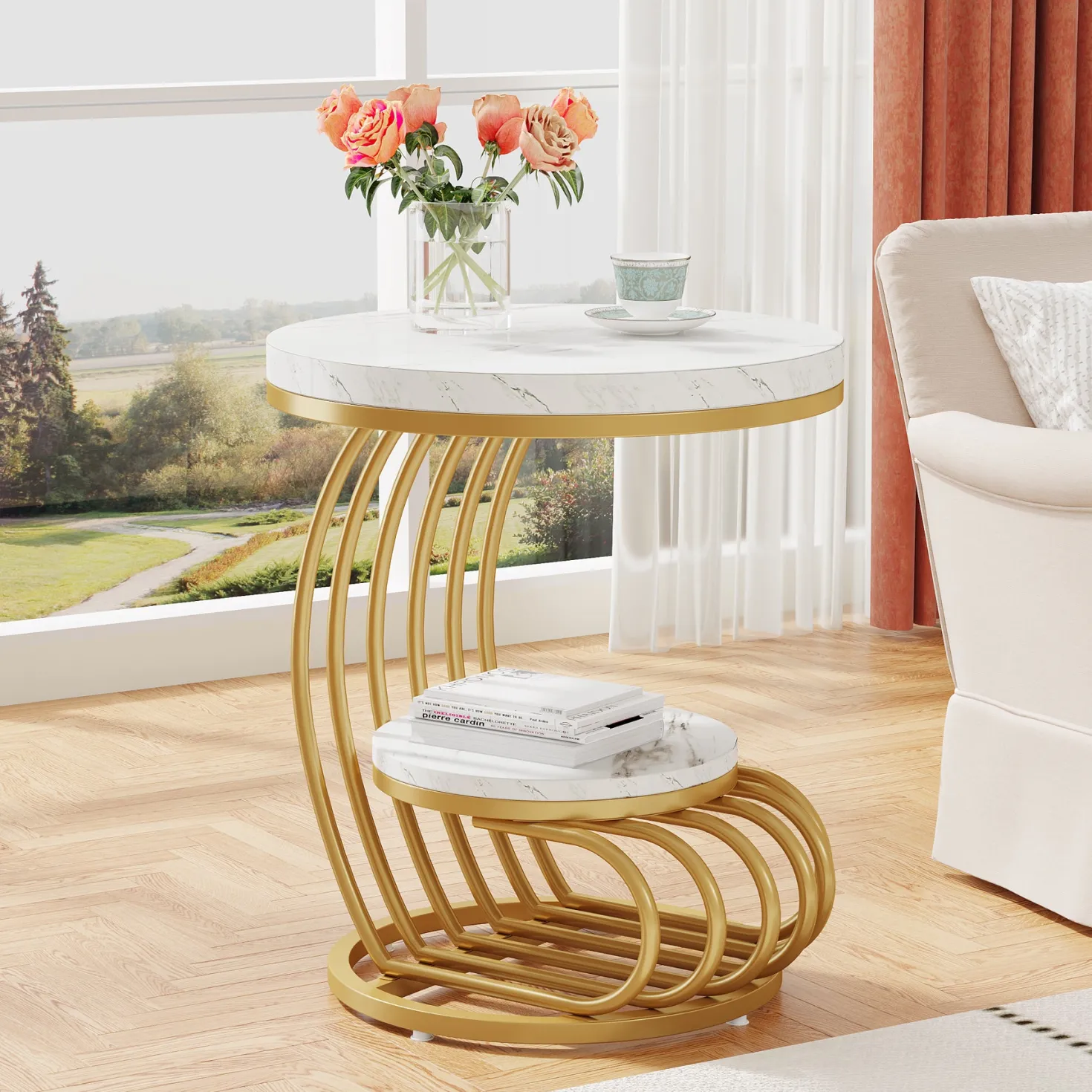 Round End Table, 2 Tiers Faux Marble Side Table with Storage Shelf