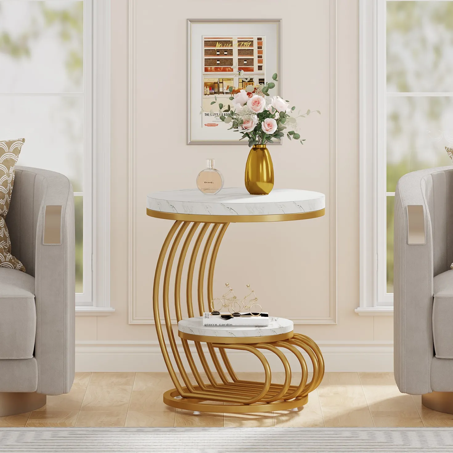 Round End Table, 2 Tiers Faux Marble Side Table with Storage Shelf
