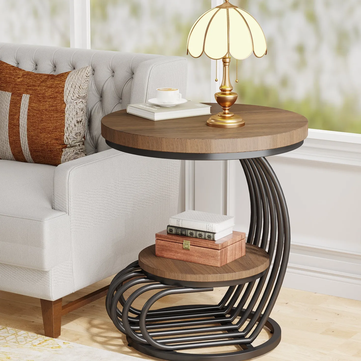Round End Table, 2 Tiers Faux Marble Side Table with Storage Shelf