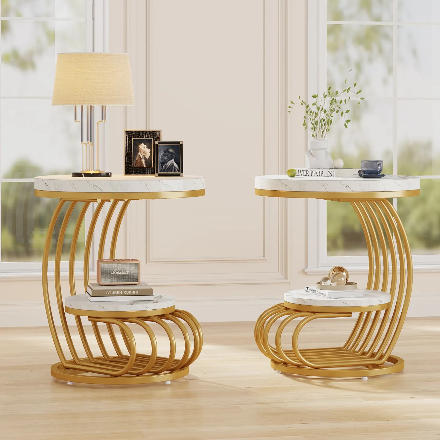 Round End Table, 2 Tiers Faux Marble Side Table with Storage Shelf